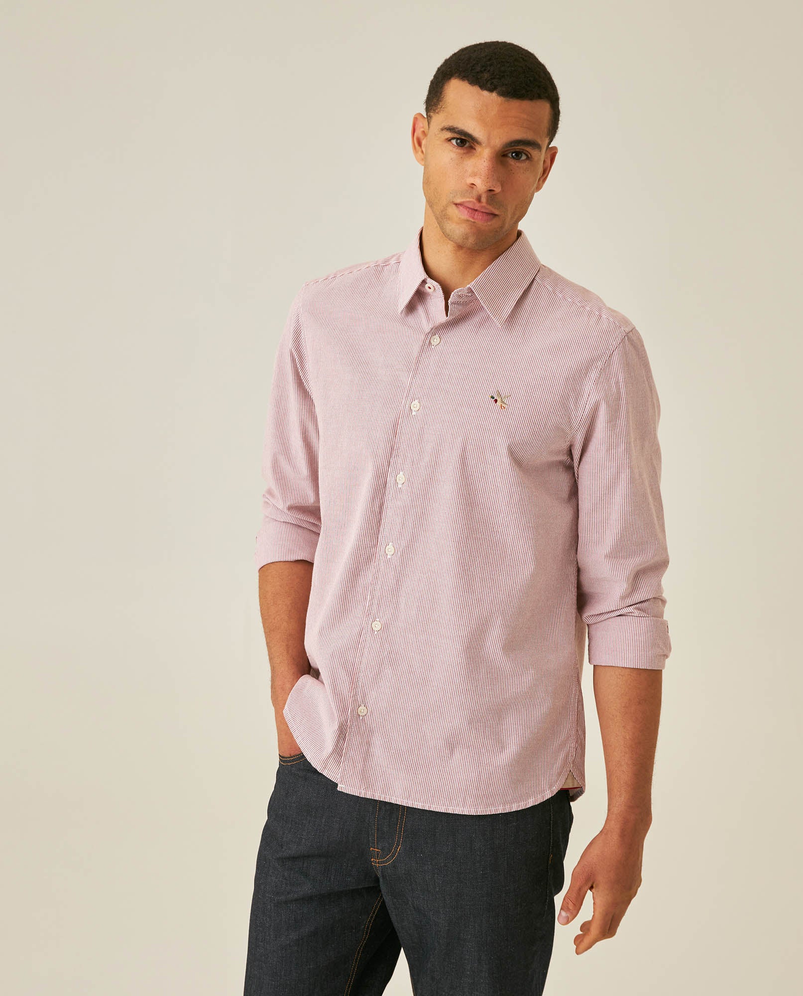 Mens Shirt Long Sleeve Slim Fit Oxford Cotton Pinstripe Pattern Contrast Side Pieces Yokes Marked Buttons - Brown 63_611H039_CAF191245_0