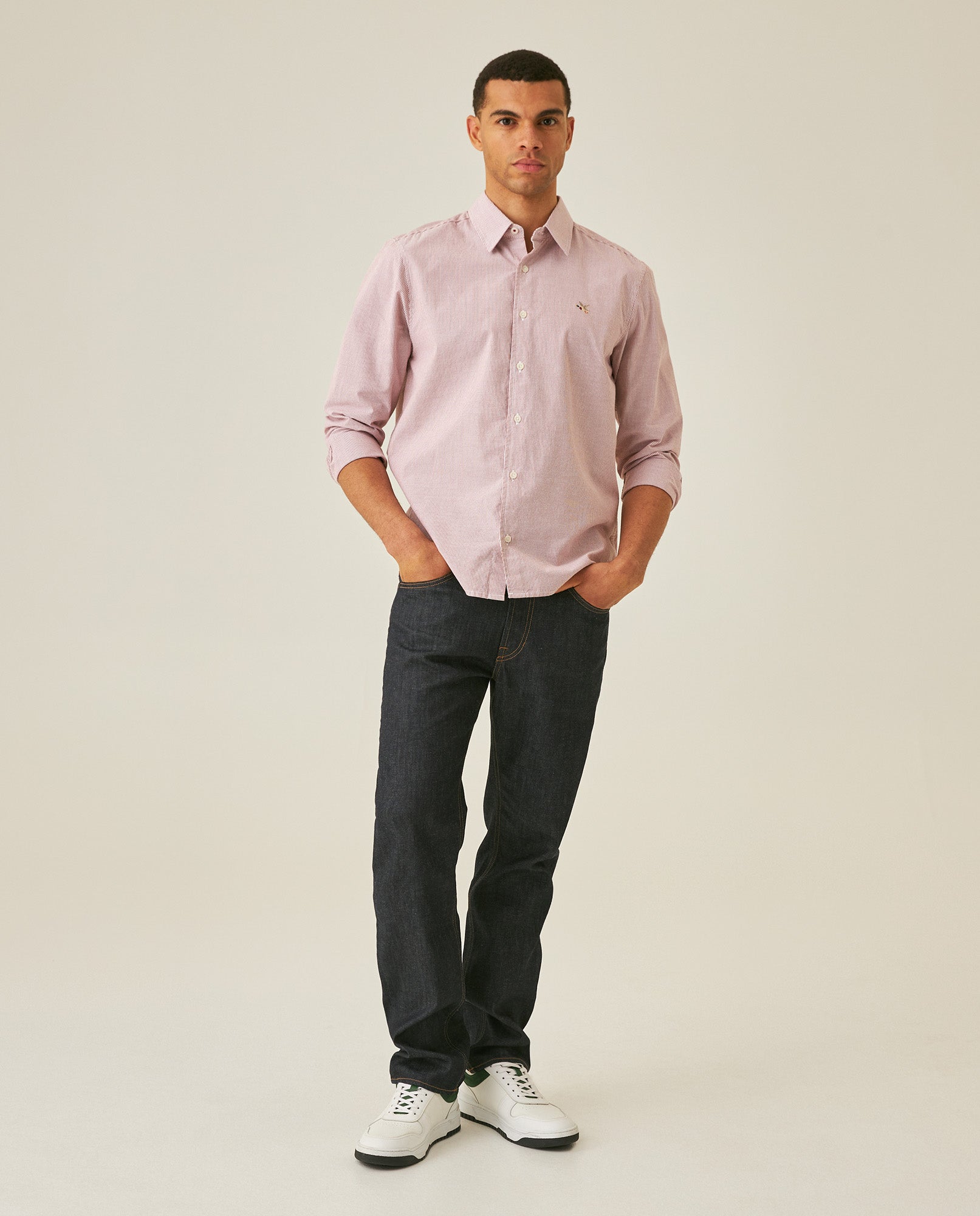 Mens Shirt Long Sleeve Slim Fit Oxford Cotton Pinstripe Pattern Contrast Side Pieces Yokes Marked Buttons - Brown 63_611H039_CAF191245_4