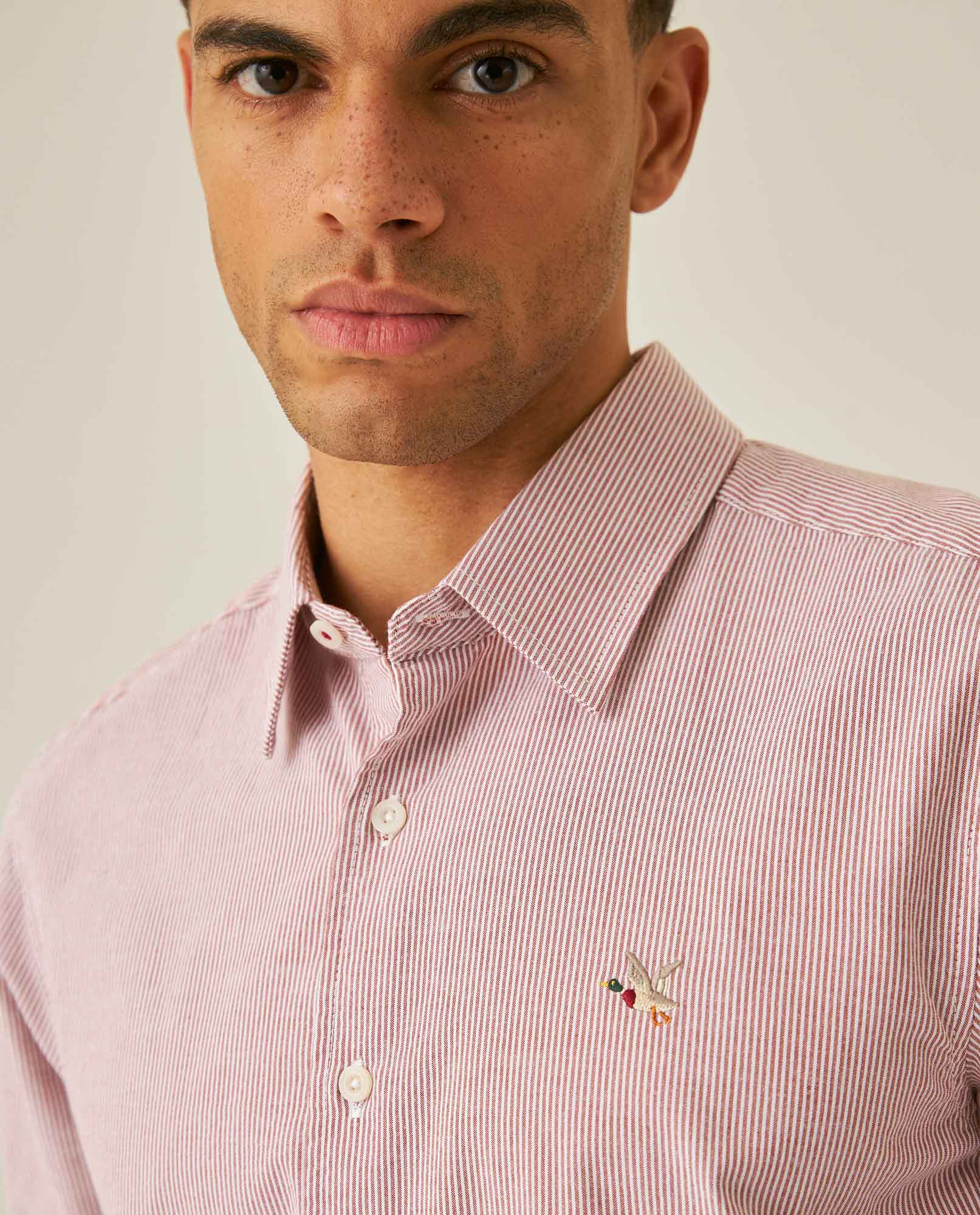 Mens Shirt Long Sleeve Slim Fit Oxford Cotton Pinstripe Pattern Contrast Side Pieces Yokes Marked Buttons - Brown 63_611H039_CAF191245_5
