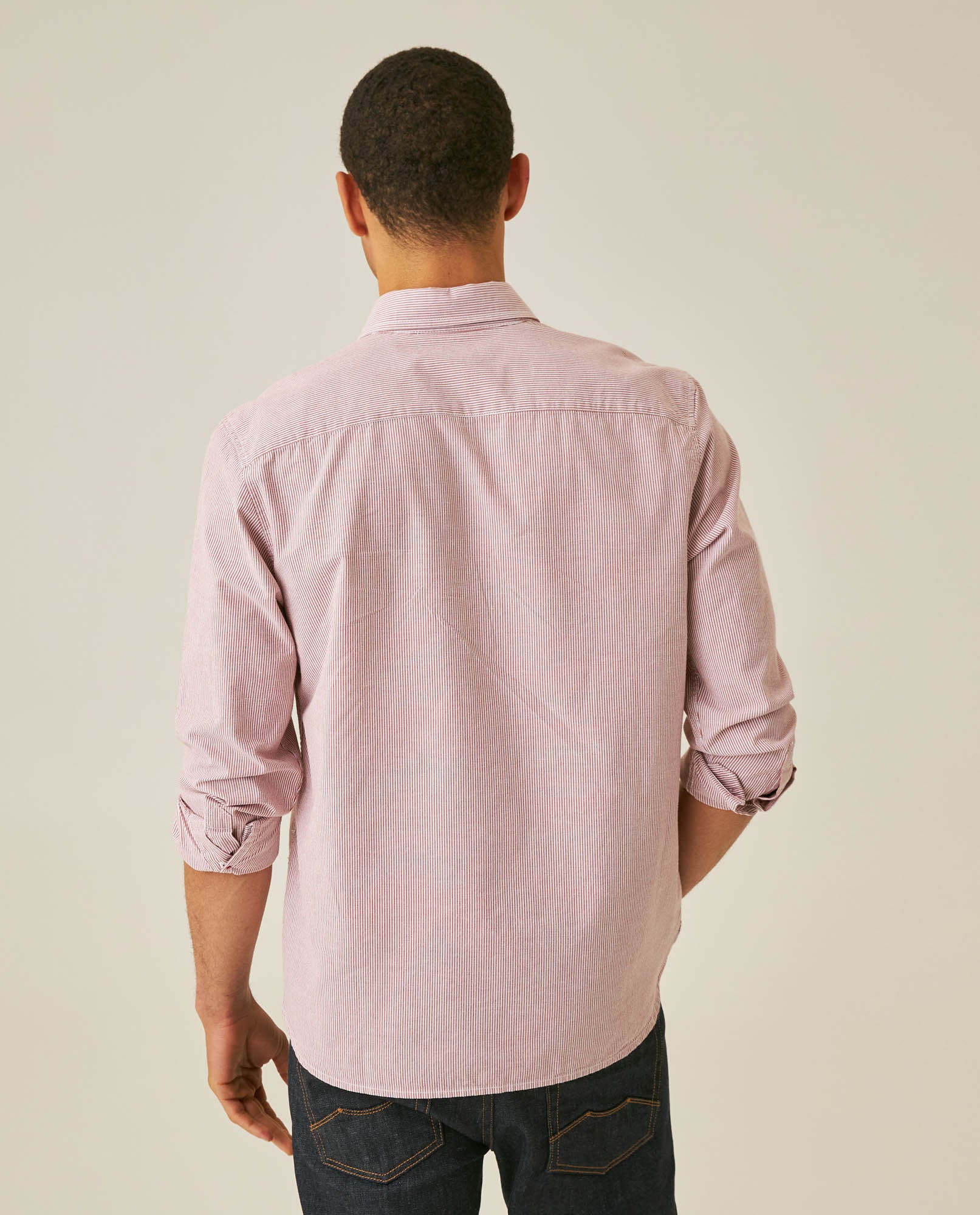 Mens Shirt Long Sleeve Slim Fit Oxford Cotton Pinstripe Pattern Contrast Side Pieces Yokes Marked Buttons - Brown 63_611H039_CAF191245_6
