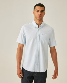 Mens Shirt Short Sleeve Slim Fit Button Down Cotton Slub Effect Embroidered Duck Contrast Buttons - Blue 63_611H040_AZU134202_0