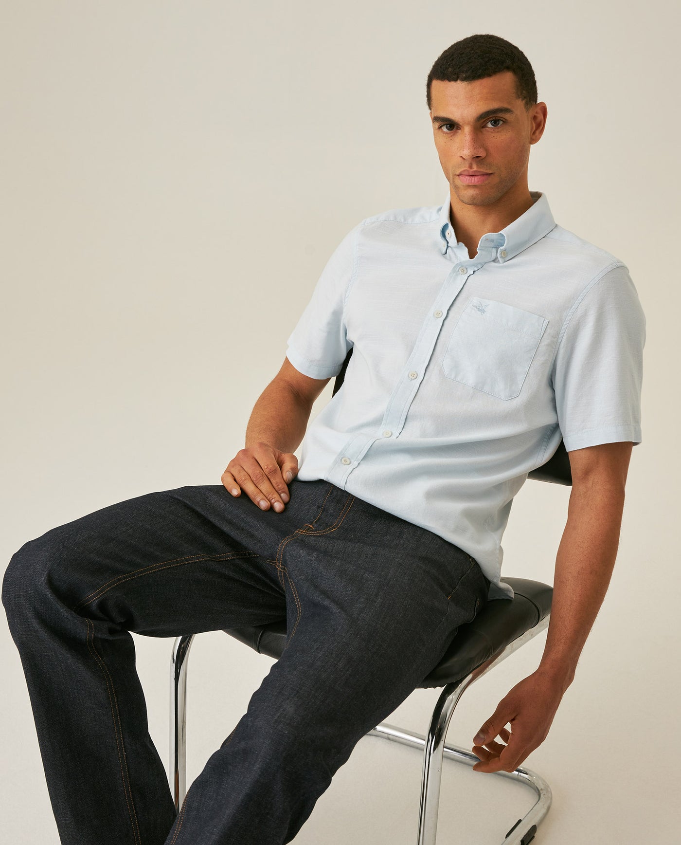 Mens Shirt Short Sleeve Slim Fit Button Down Cotton Slub Effect Embroidered Duck Contrast Buttons - Blue 63_611H040_AZU134202_4