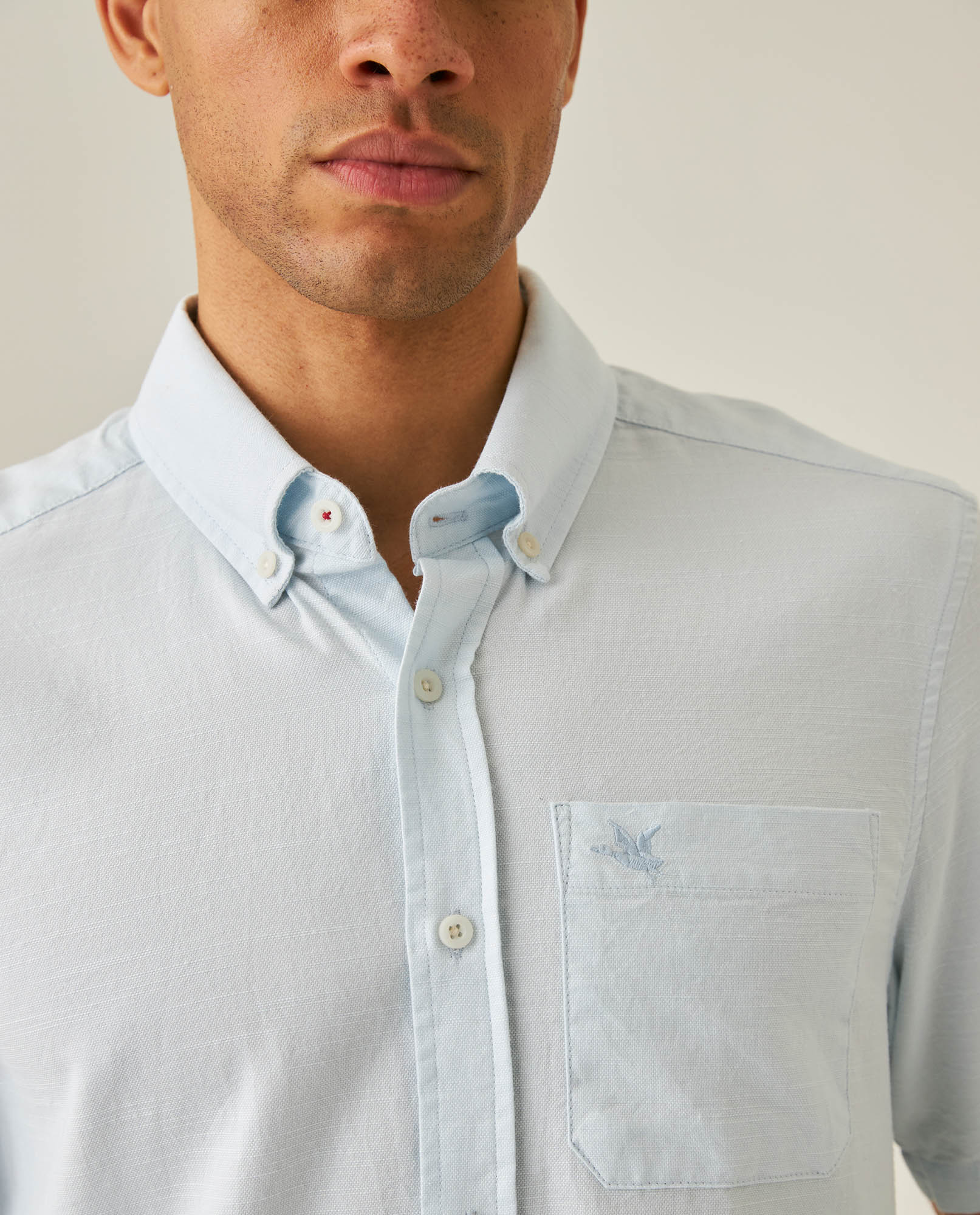 Mens Shirt Short Sleeve Slim Fit Button Down Cotton Slub Effect Embroidered Duck Contrast Buttons - Blue 63_611H040_AZU134202_5