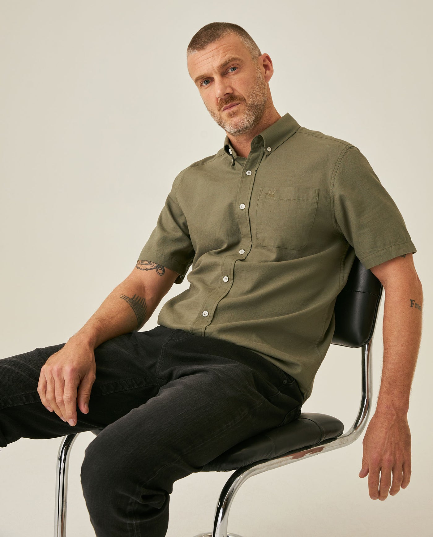 Mens Shirt Short Sleeve Slim Fit Button Down Cotton Slub Effect Embroidered Duck Contrast Buttons - Green 63_611H040_VER180515_4