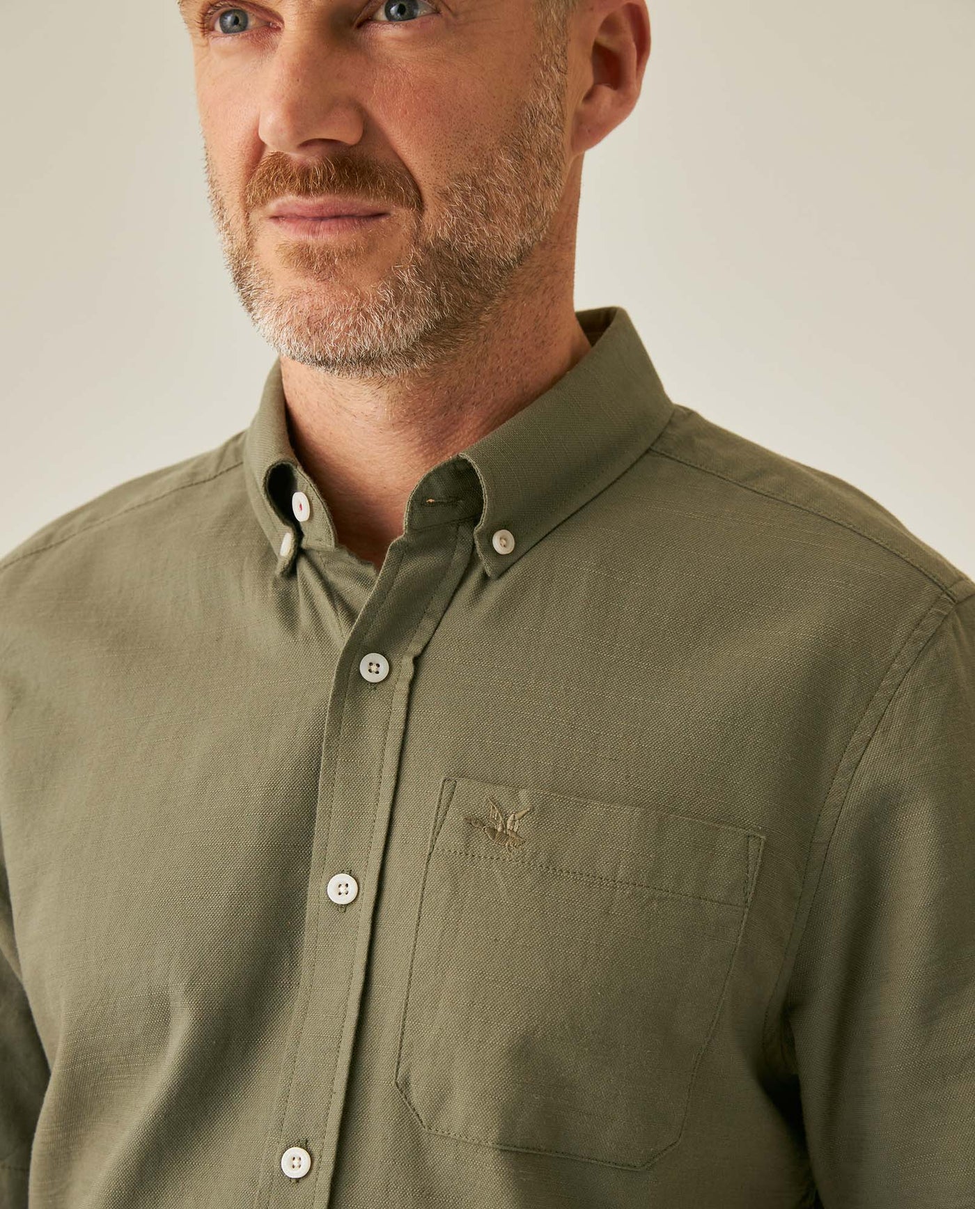 Mens Shirt Short Sleeve Slim Fit Button Down Cotton Slub Effect Embroidered Duck Contrast Buttons - Green 63_611H040_VER180515_5