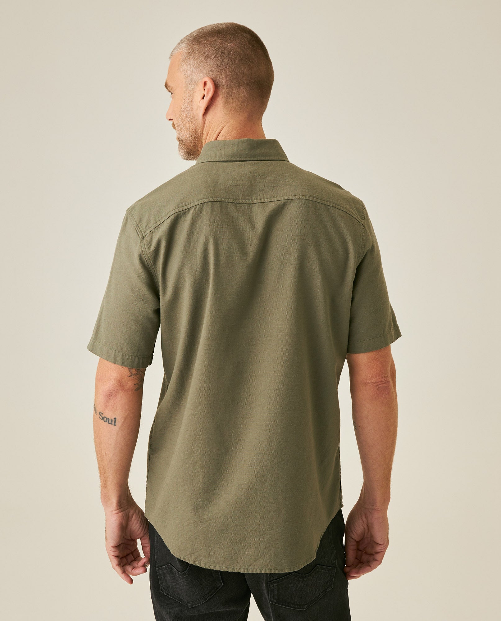 Mens Shirt Short Sleeve Slim Fit Button Down Cotton Slub Effect Embroidered Duck Contrast Buttons - Green 63_611H040_VER180515_6
