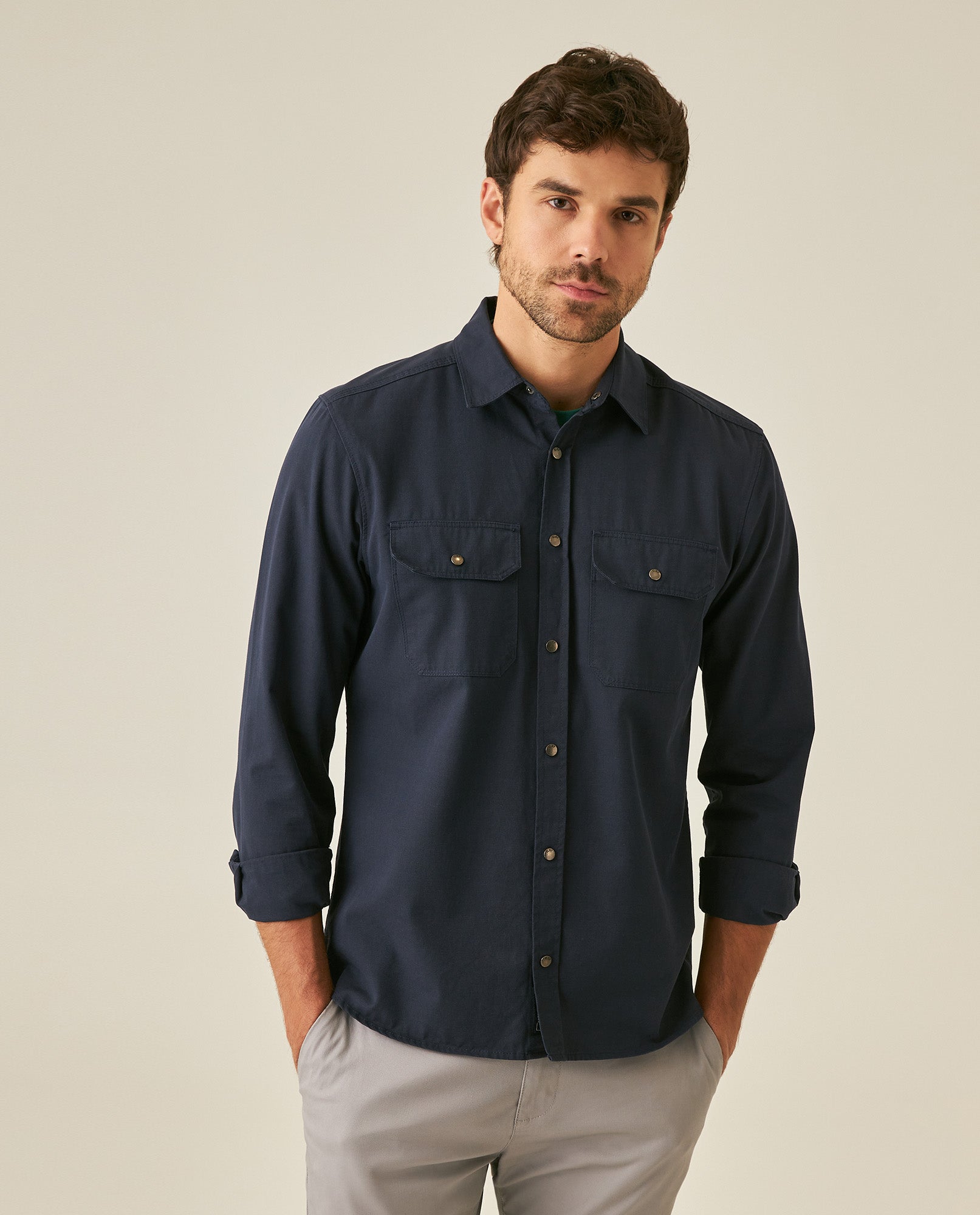 Mens Slim Fit Cotton Lyocell Cargo Shirt - Blue 63_611H041_AZU193923_0