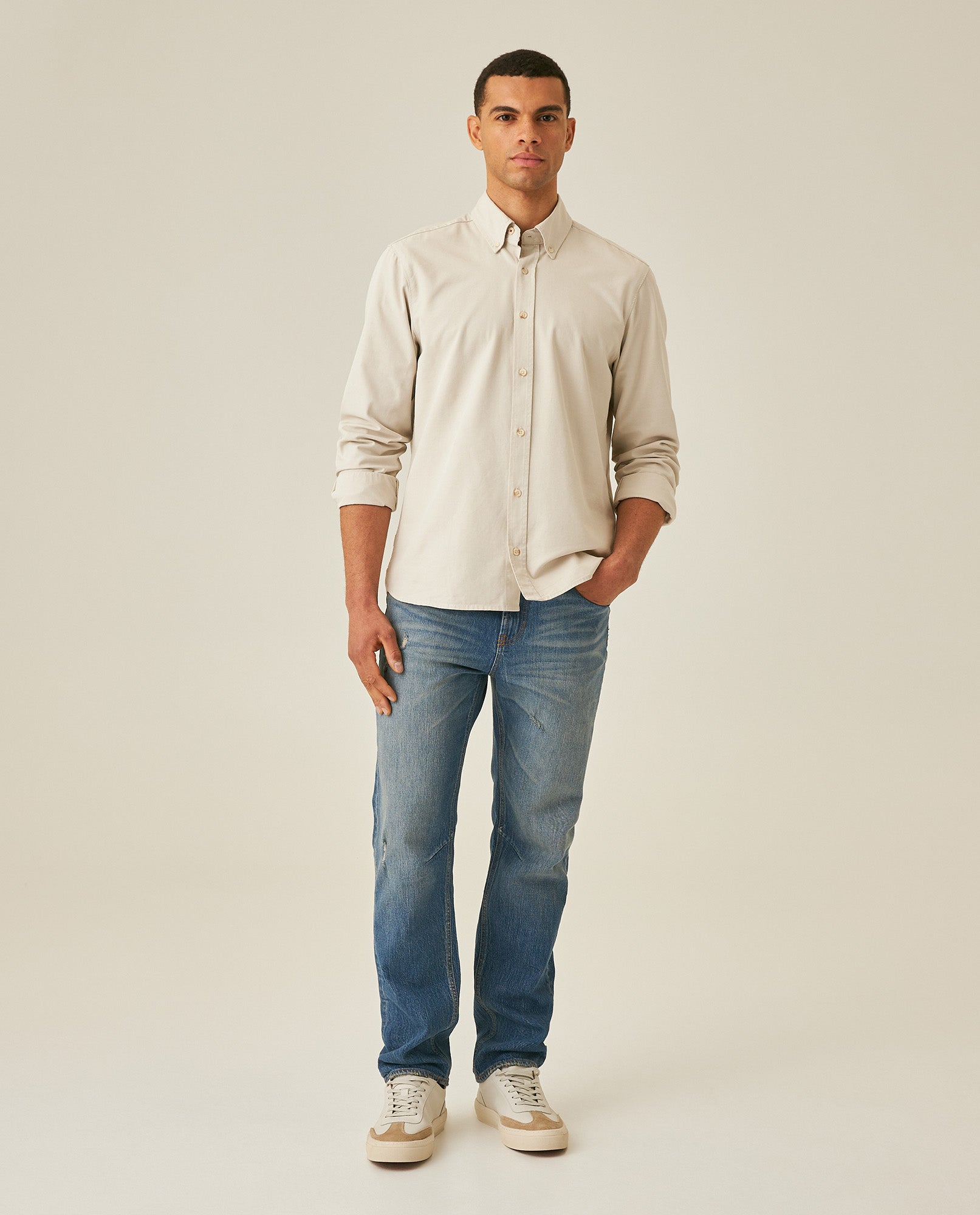 Mens Shirt Long Sleeve Slim Fit Button Down Cotton Lyocell Jeanswear Texture Utilitarian Red Side Details - Gray 63_611H042_GRI140000_4