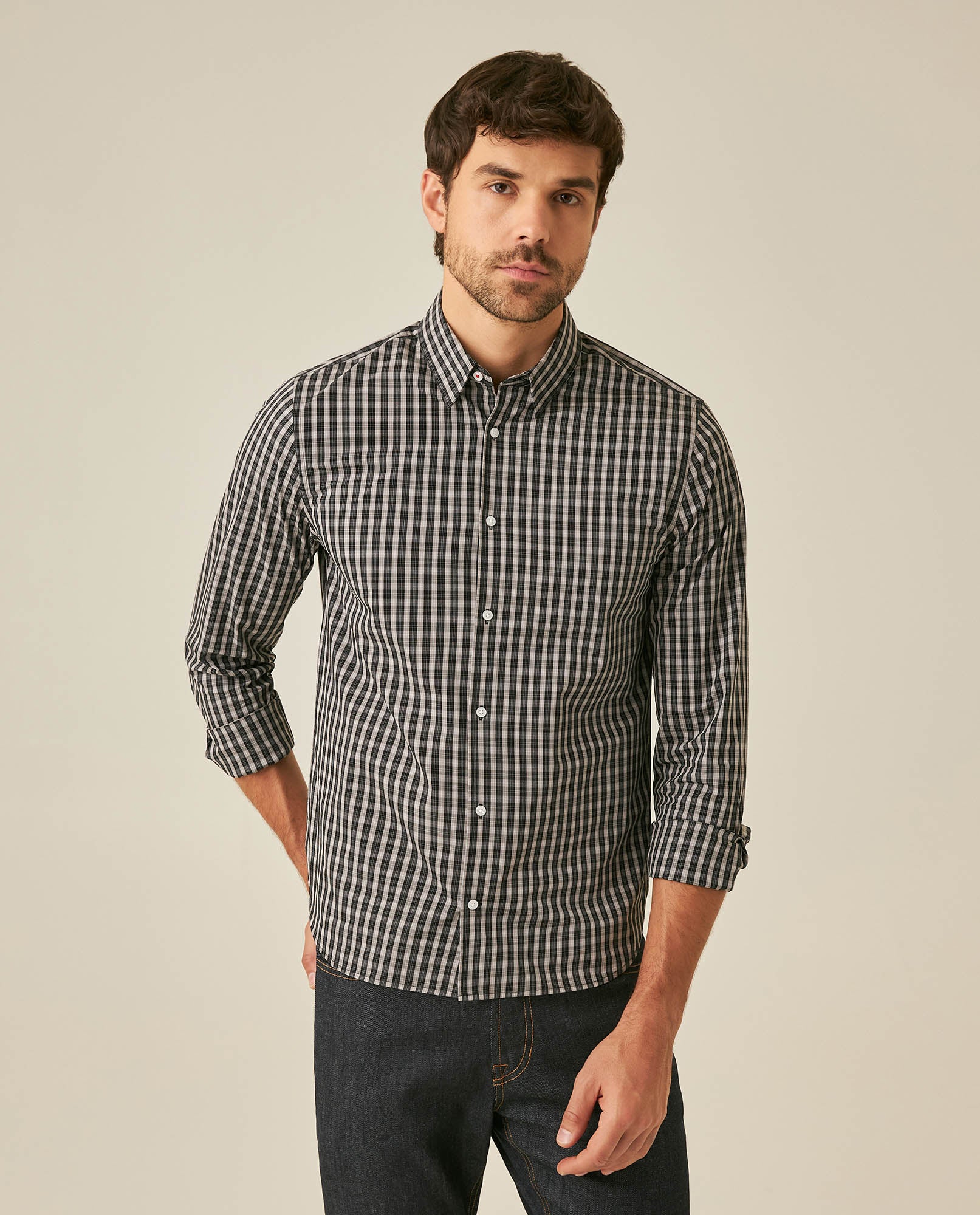 Mens Shirt Long Sleeve Slim Fit Cotton Coolmax Elastane Pre-Dyed Miniprint Check - Black 63_611H060_NEG194007_0