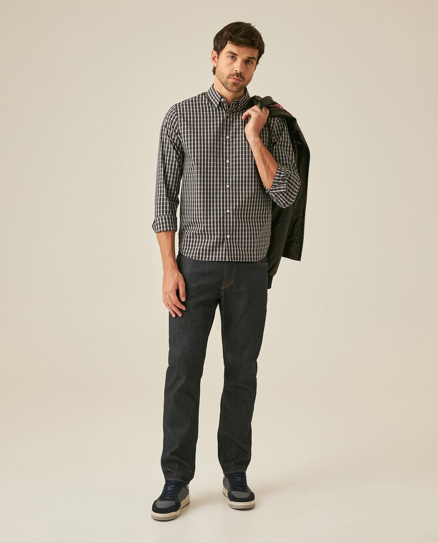 Mens Shirt Long Sleeve Slim Fit Cotton Coolmax Elastane Pre-Dyed Miniprint Check - Black 63_611H060_NEG194007_4