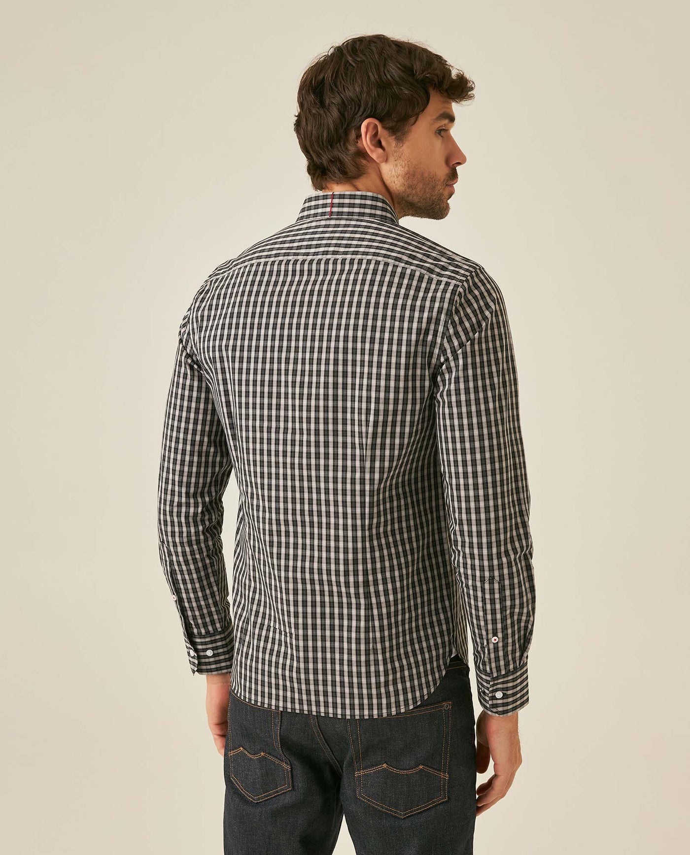 Mens Shirt Long Sleeve Slim Fit Cotton Coolmax Elastane Pre-Dyed Miniprint Check - Black 63_611H060_NEG194007_6
