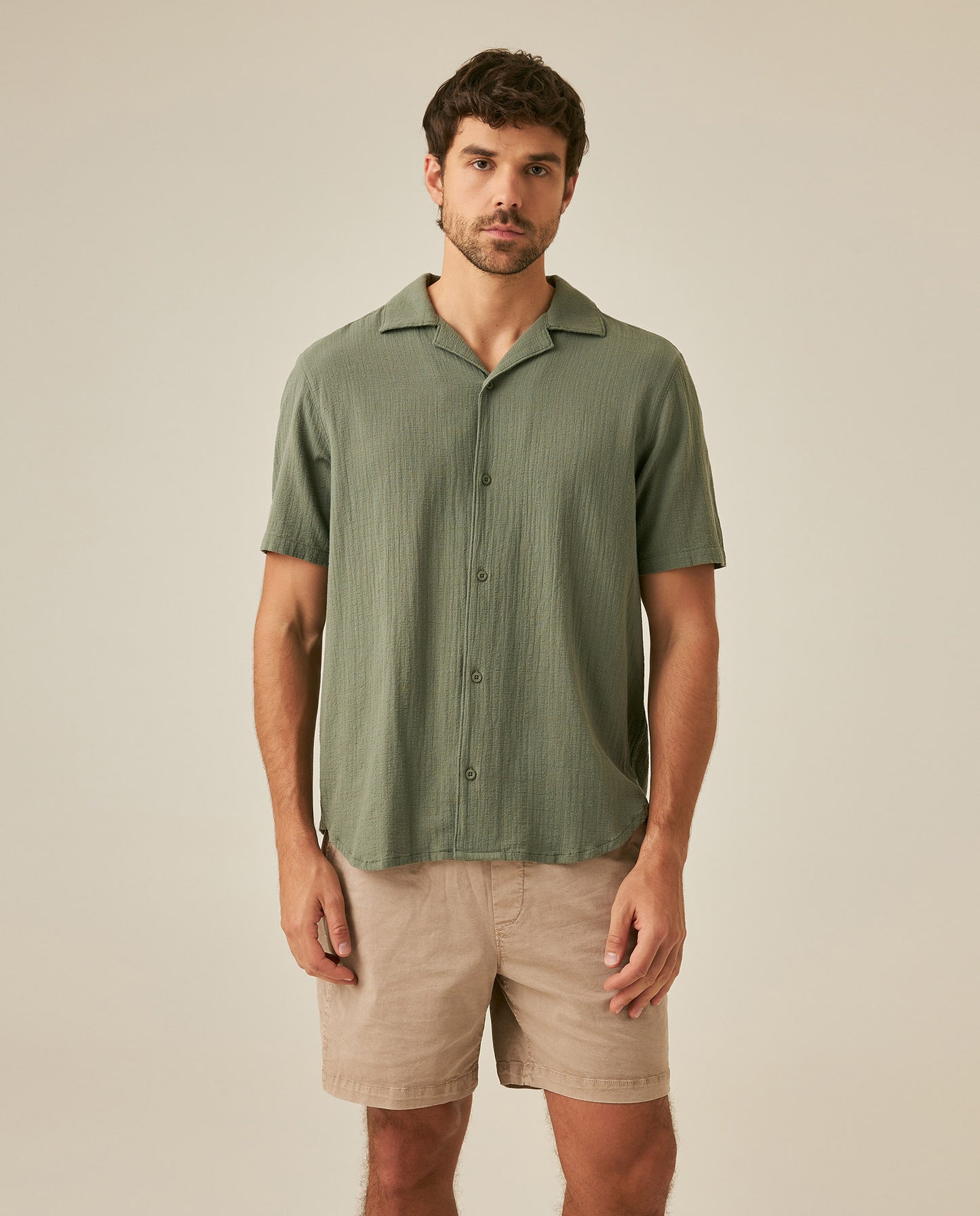 Mens Rodeo Shirt Short Sleeve Resort Classic Fit Lightweight Textured Cotton Open Collar - Green 63_611H701_VER190309_0