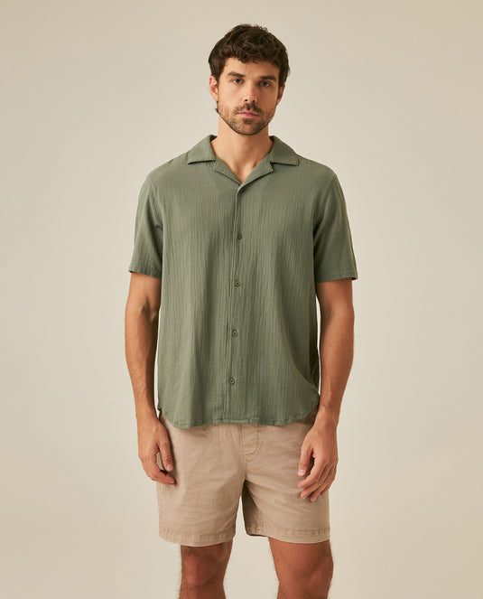 Mens Rodeo Shirt Short Sleeve Resort Classic Fit Lightweight Textured Cotton Open Collar - Green 63_611H701_VER190309_0