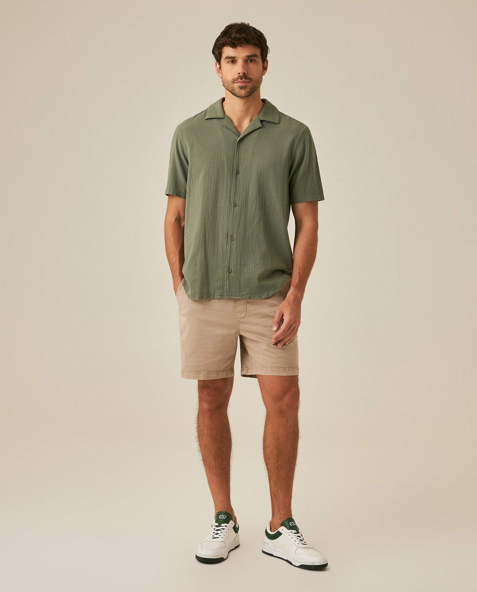 Mens Rodeo Shirt Short Sleeve Resort Classic Fit Lightweight Textured Cotton Open Collar - Green 63_611H701_VER190309_4