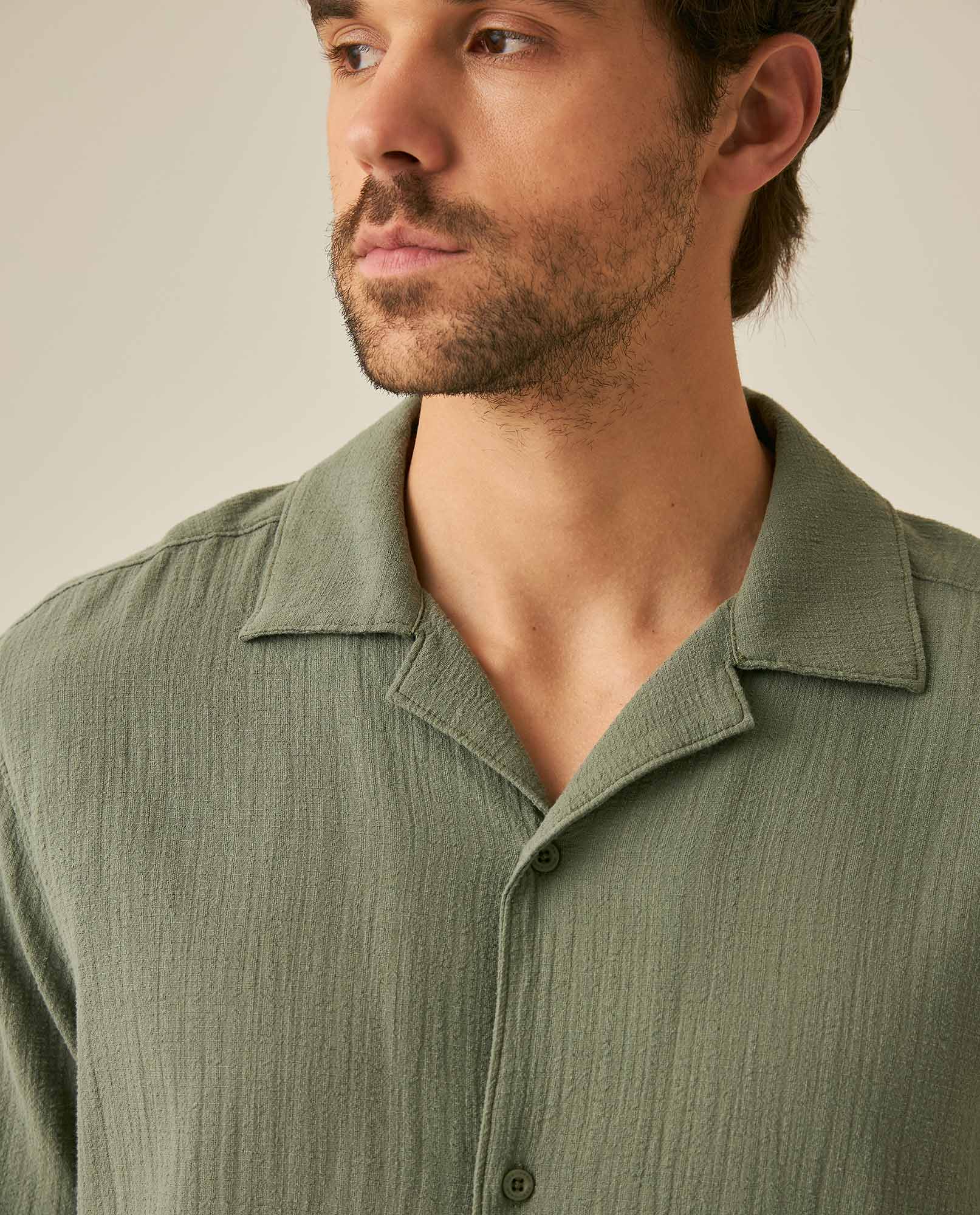 Mens Rodeo Shirt Short Sleeve Resort Classic Fit Lightweight Textured Cotton Open Collar - Green 63_611H701_VER190309_5