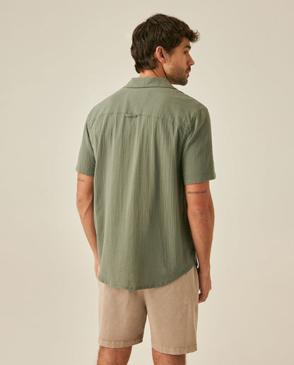 Mens Rodeo Shirt Short Sleeve Resort Classic Fit Lightweight Textured Cotton Open Collar - Green 63_611H701_VER190309_6
