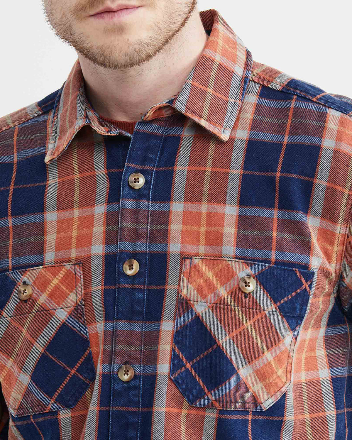 PLAID COTTON SHIRT IN NAVY BLUE & ORANGE