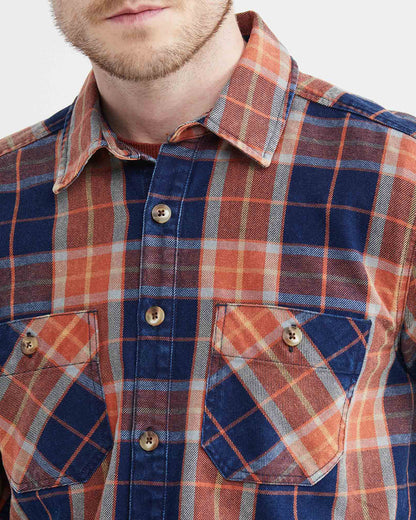 PLAID COTTON SHIRT IN NAVY BLUE & ORANGE