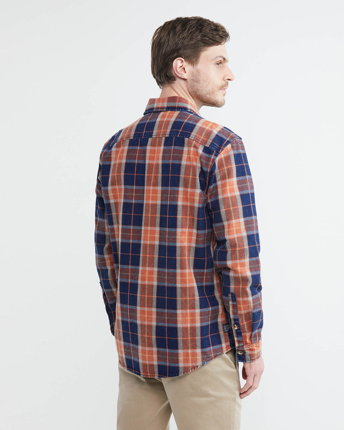 PLAID COTTON SHIRT IN NAVY BLUE & ORANGE