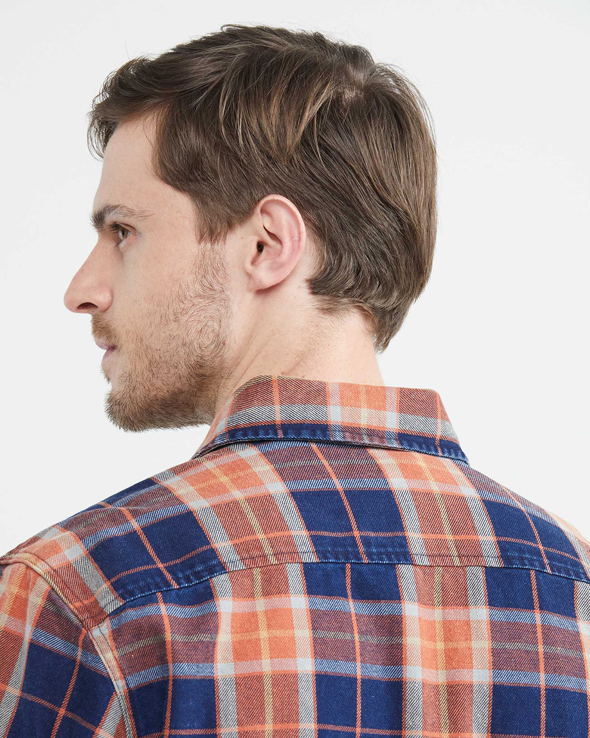 PLAID COTTON SHIRT IN NAVY BLUE & ORANGE