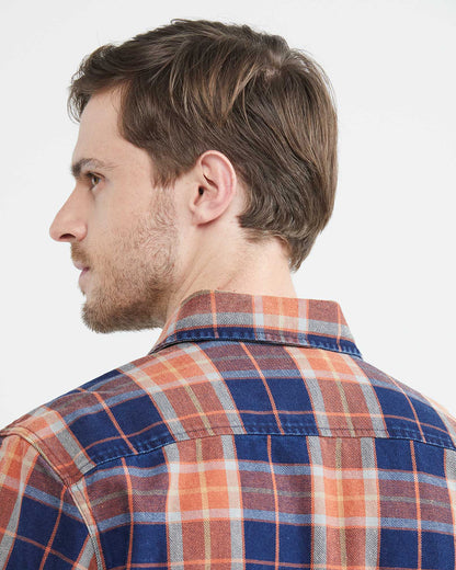 PLAID COTTON SHIRT IN NAVY BLUE & ORANGE
