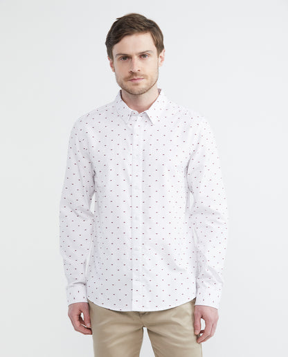 Men's Shirt, Slim Fit Long Sleeve - Mini Print - White - 1