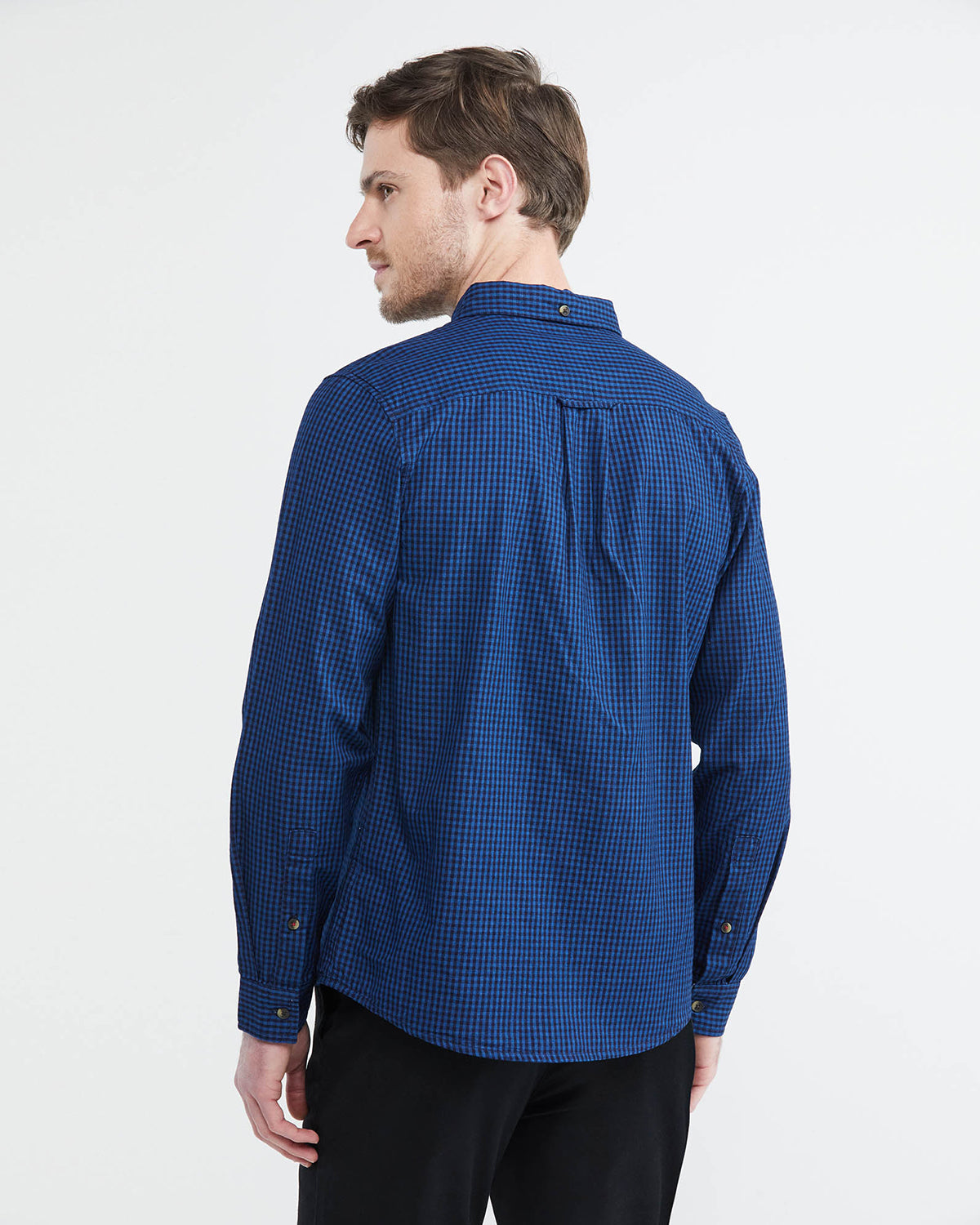 SLIM FIT COTTON INDIGO SQUARED SHIRT IN BLUE