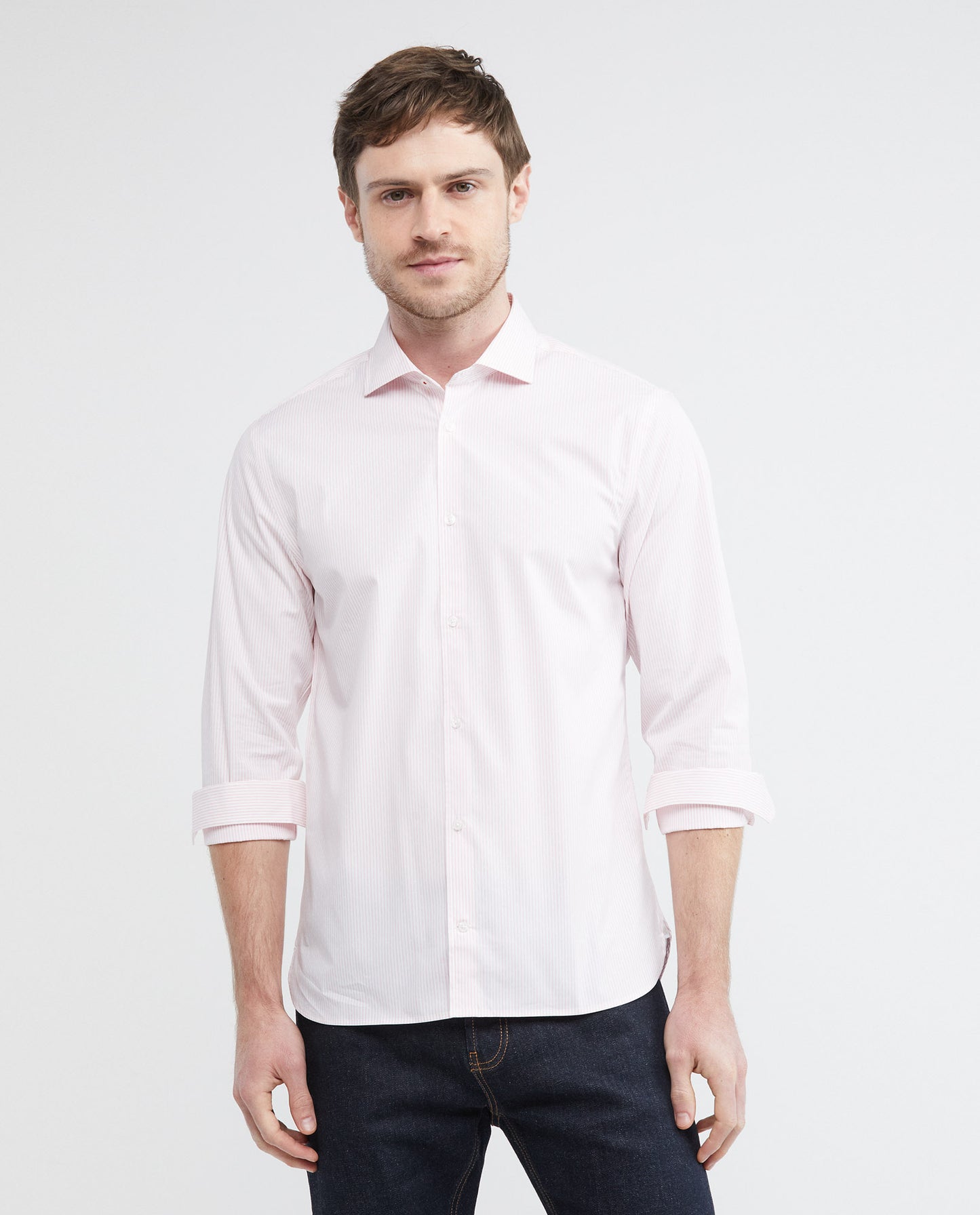 Men's Premium Shirt, Slim Fit Long Sleeve - Coolmax Pinstripes + Wrinkle Free - Pink - 1