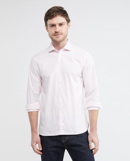 Men's Premium Shirt, Slim Fit Long Sleeve - Coolmax Pinstripes + Wrinkle Free - Pink - 1