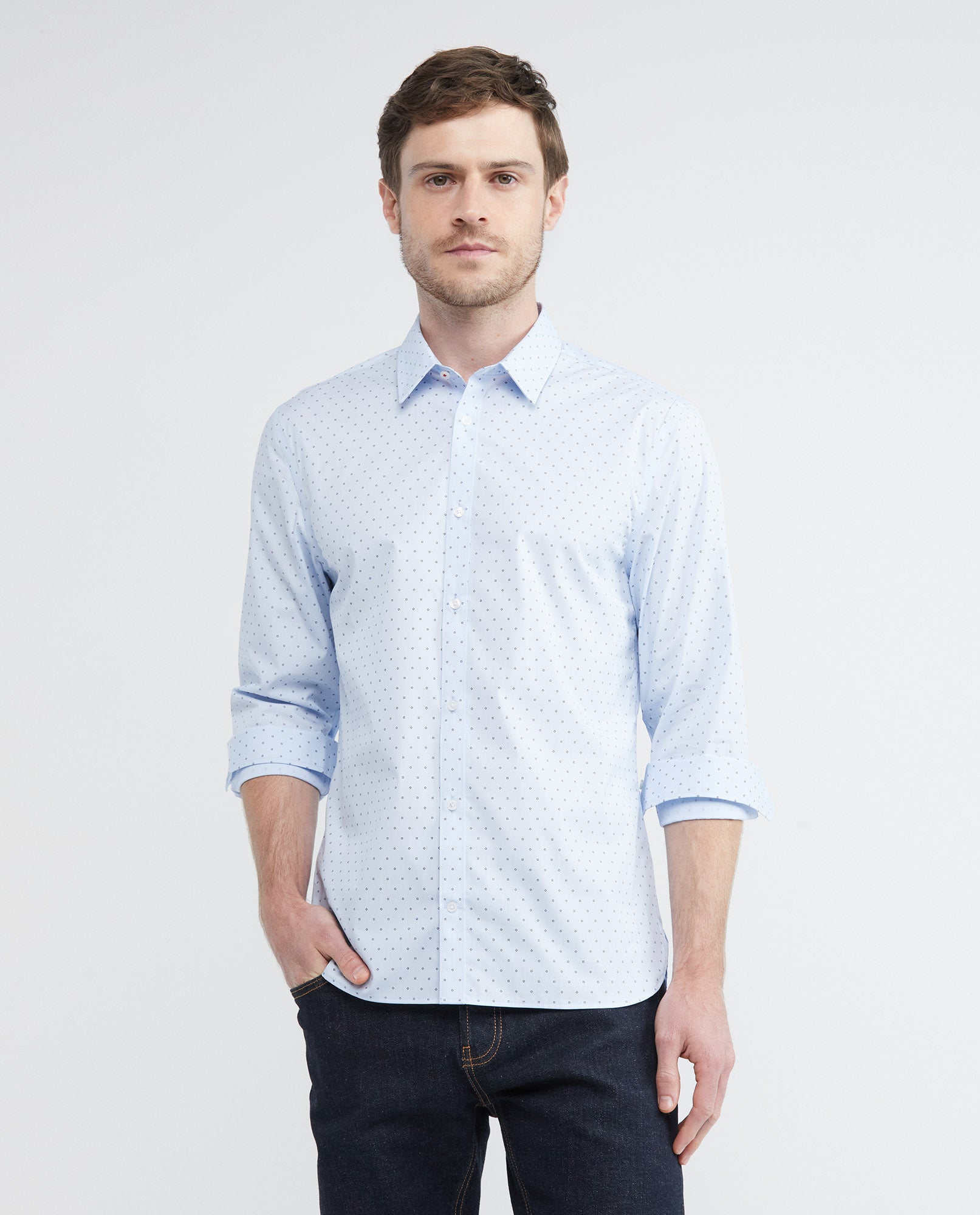 Men's Premium Shirt, Slim Fit Long Sleeve - Mini Print Coolmax + Wrinkle Free - Blue - 1