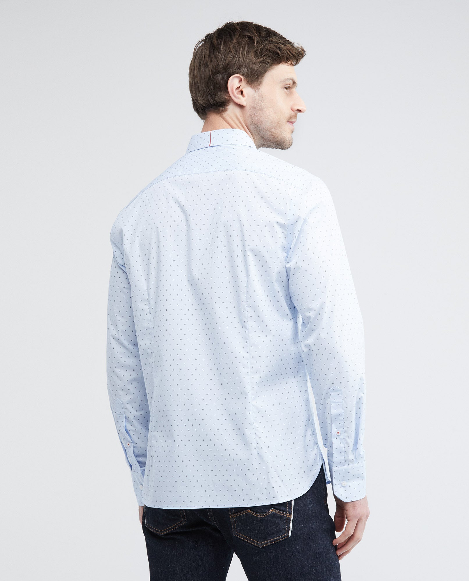 Men's Premium Shirt, Slim Fit Long Sleeve - Mini Print Coolmax + Wrinkle Free - Blue - 5