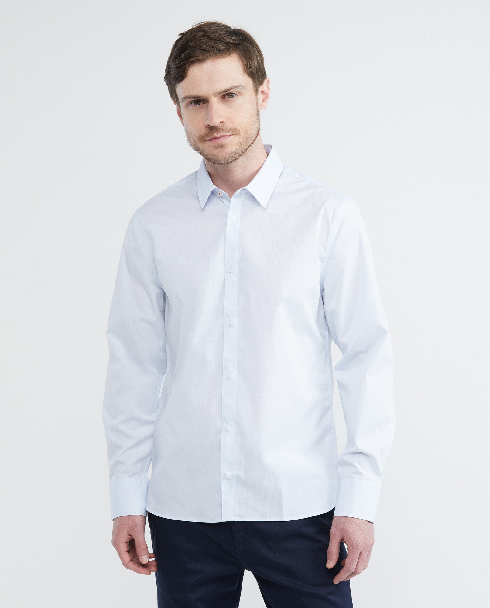 Men's Premium Shirt, Slim Fit Long Sleeve - Mini Check Dobby Effect - Blue - 1