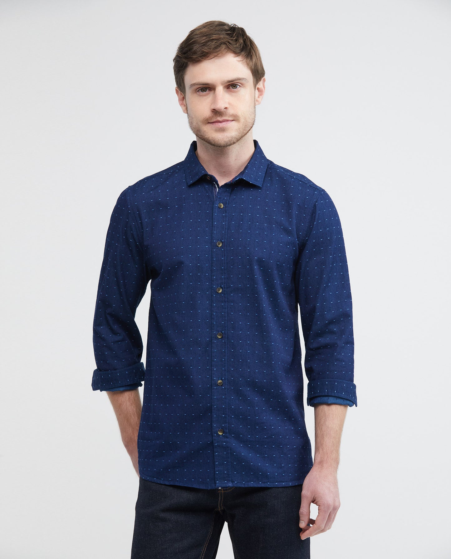 Men's Shirt, Slim Fit Long Sleeve - Dobby Dots - Blue - 1