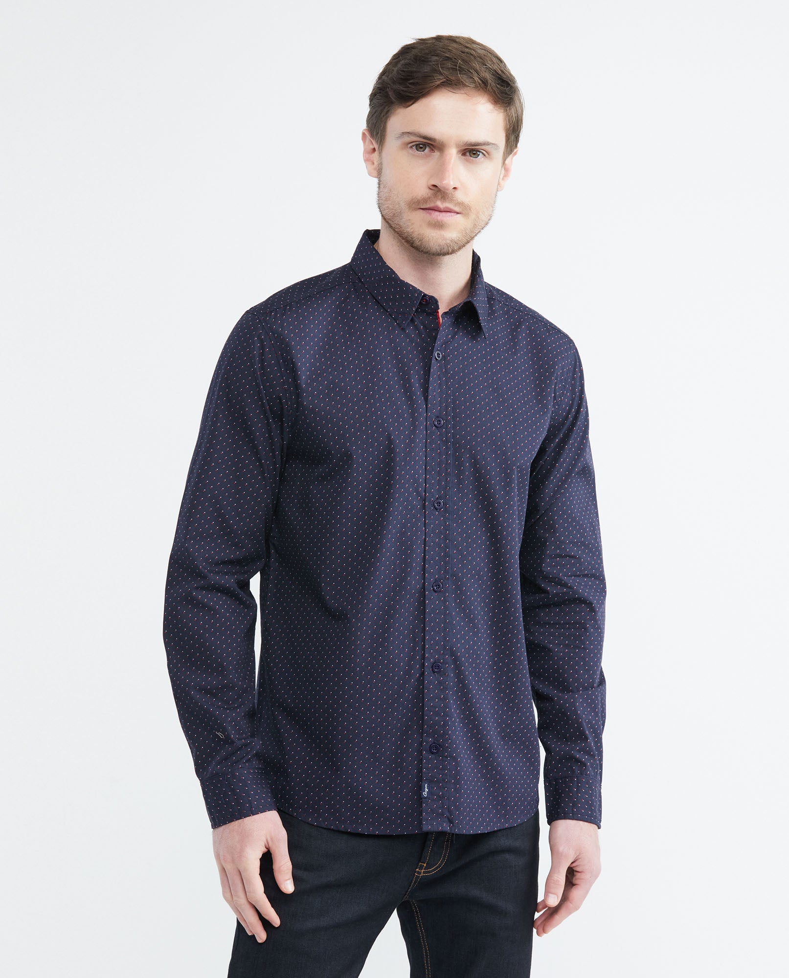 Men's Long Sleeve Slim Fit Shirt Mini Print in Cotton 612E034 - 1