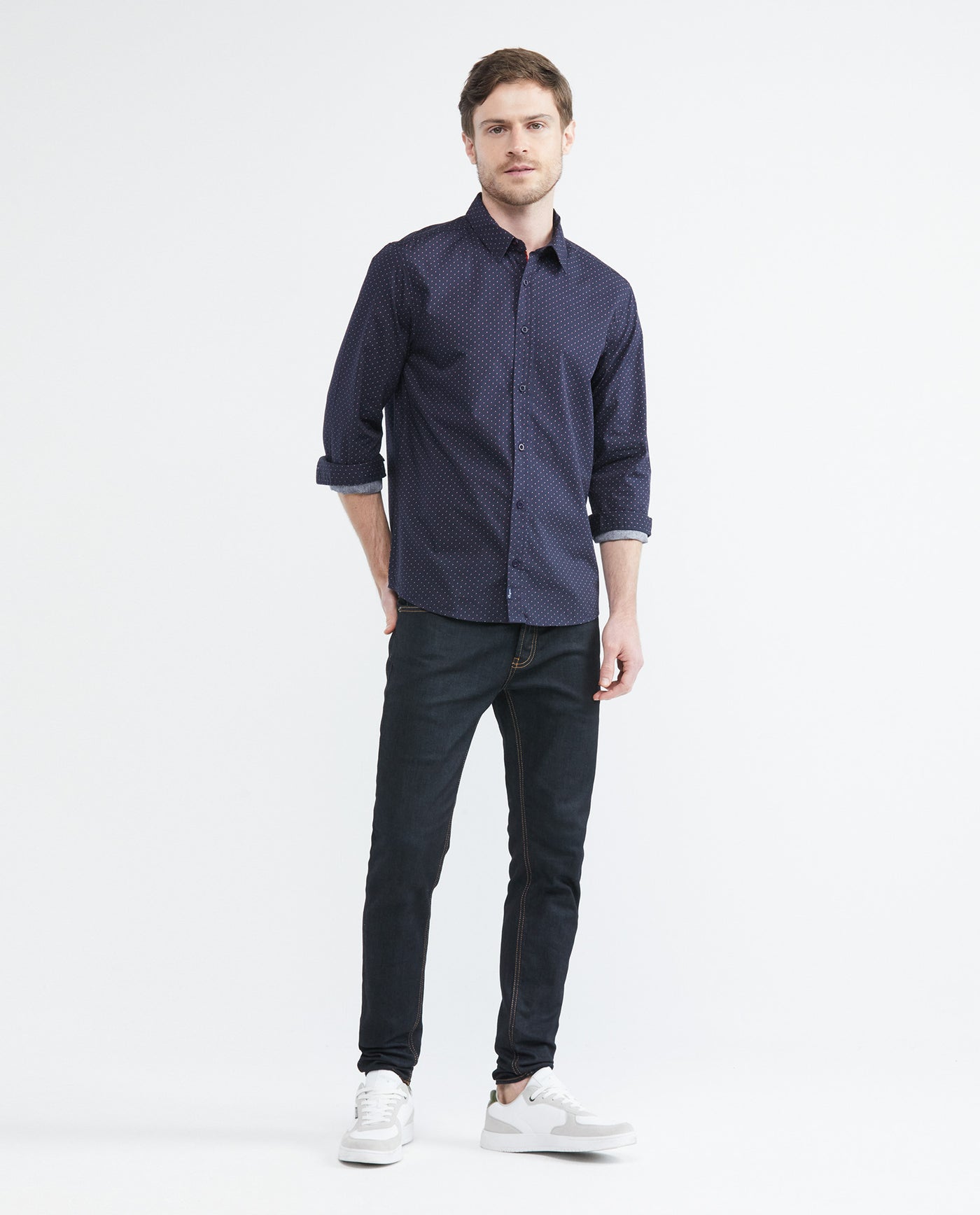 Men's Long Sleeve Slim Fit Shirt Mini Print in Cotton 612E034 - 2