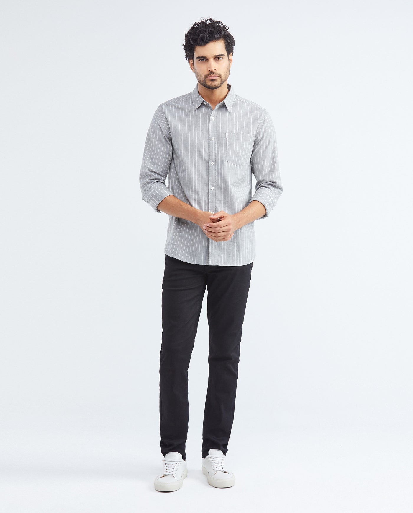 Men's Slim Fit Long Sleeve Striped Shirt Pocket Side Label in Cotton-Elastane Blend 612F006 - 2