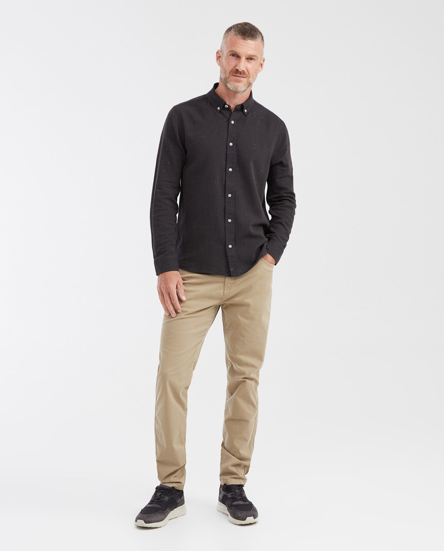 Men's Slim Fit Long Sleeve Herringbone Texture Shirt - Black - 2