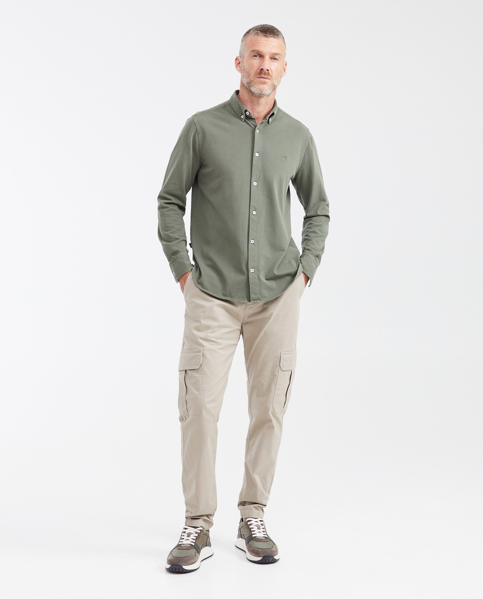 Slim Fit Long Sleeve Shirt in 100% Cotton Piqué for Men - Green 612G053 - 2