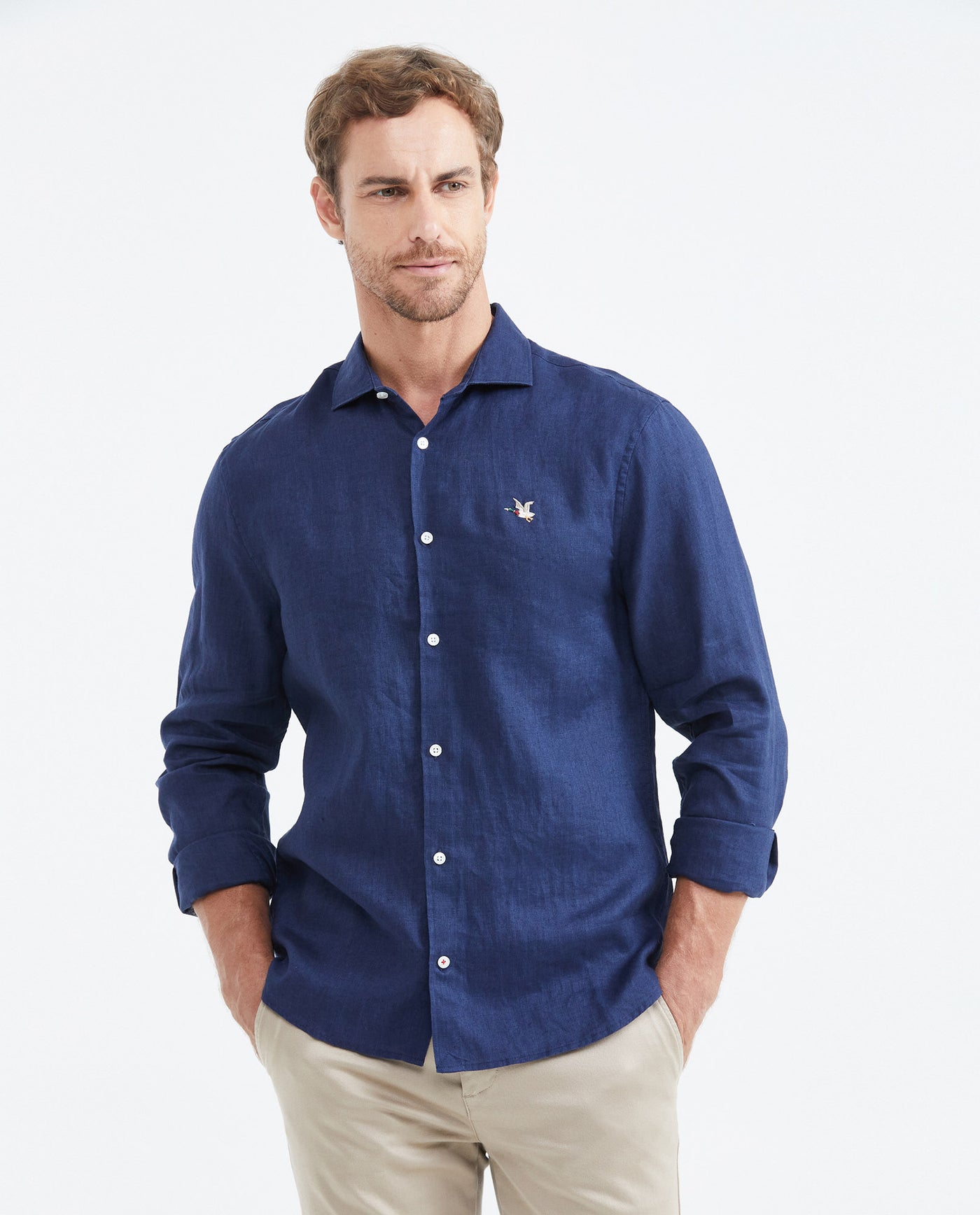 Men's Slim Fit Long Sleeve Linen Shirt Color Duck Natural Buttons - 1