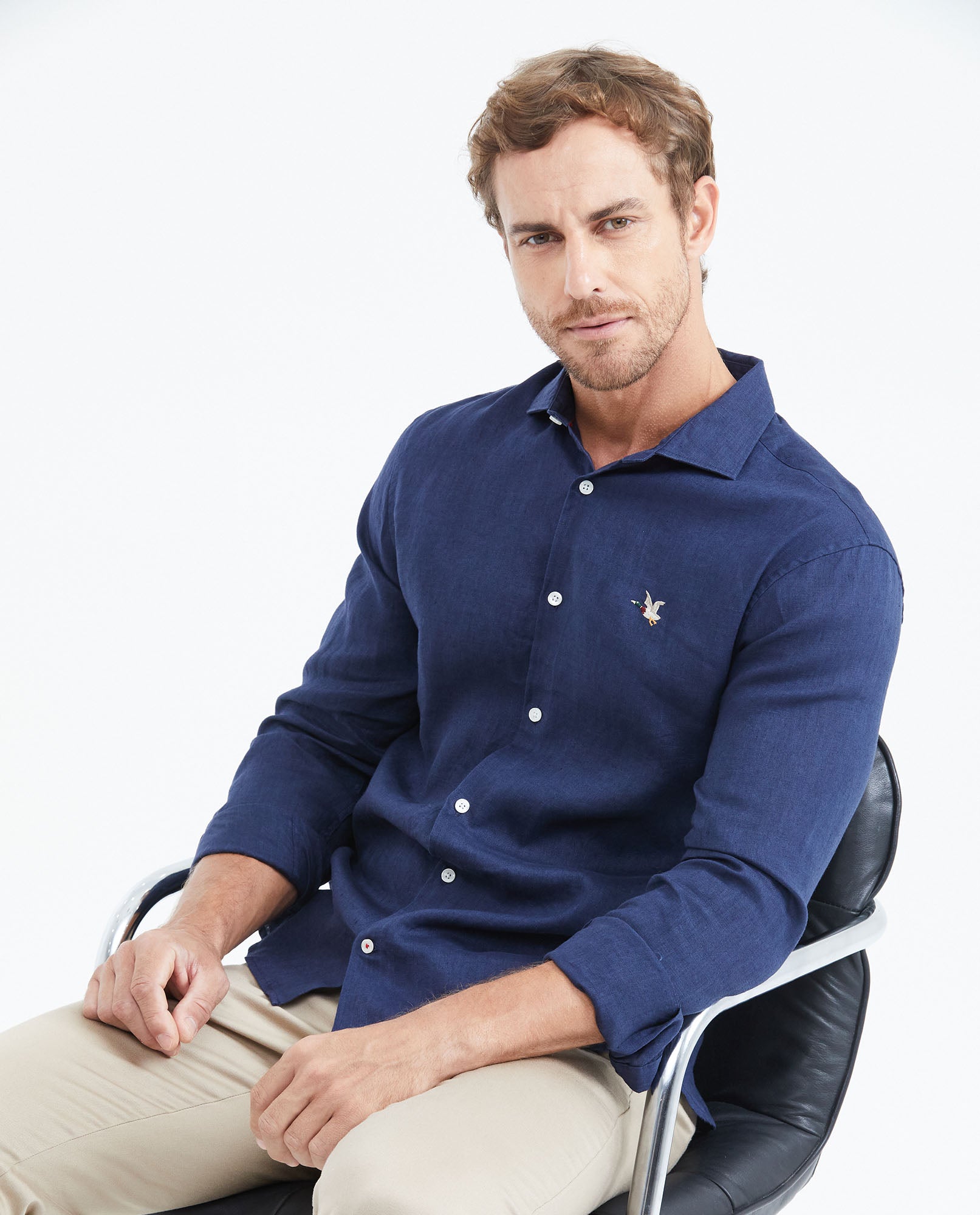 Men's Slim Fit Long Sleeve Linen Shirt Color Duck Natural Buttons - 2