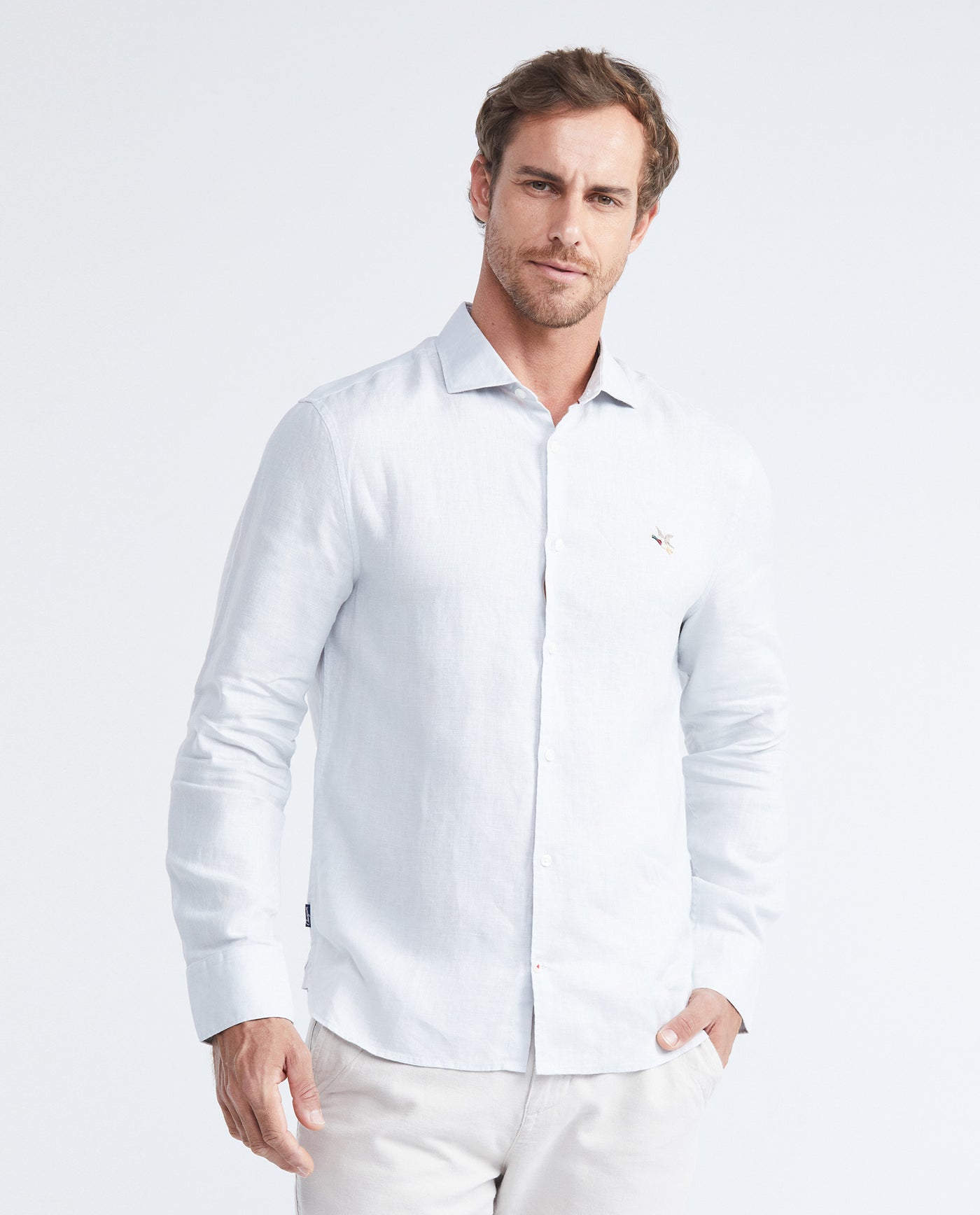 Men's Slim Fit Long Sleeve Linen Shirt Color Duck Natural Buttons - 1
