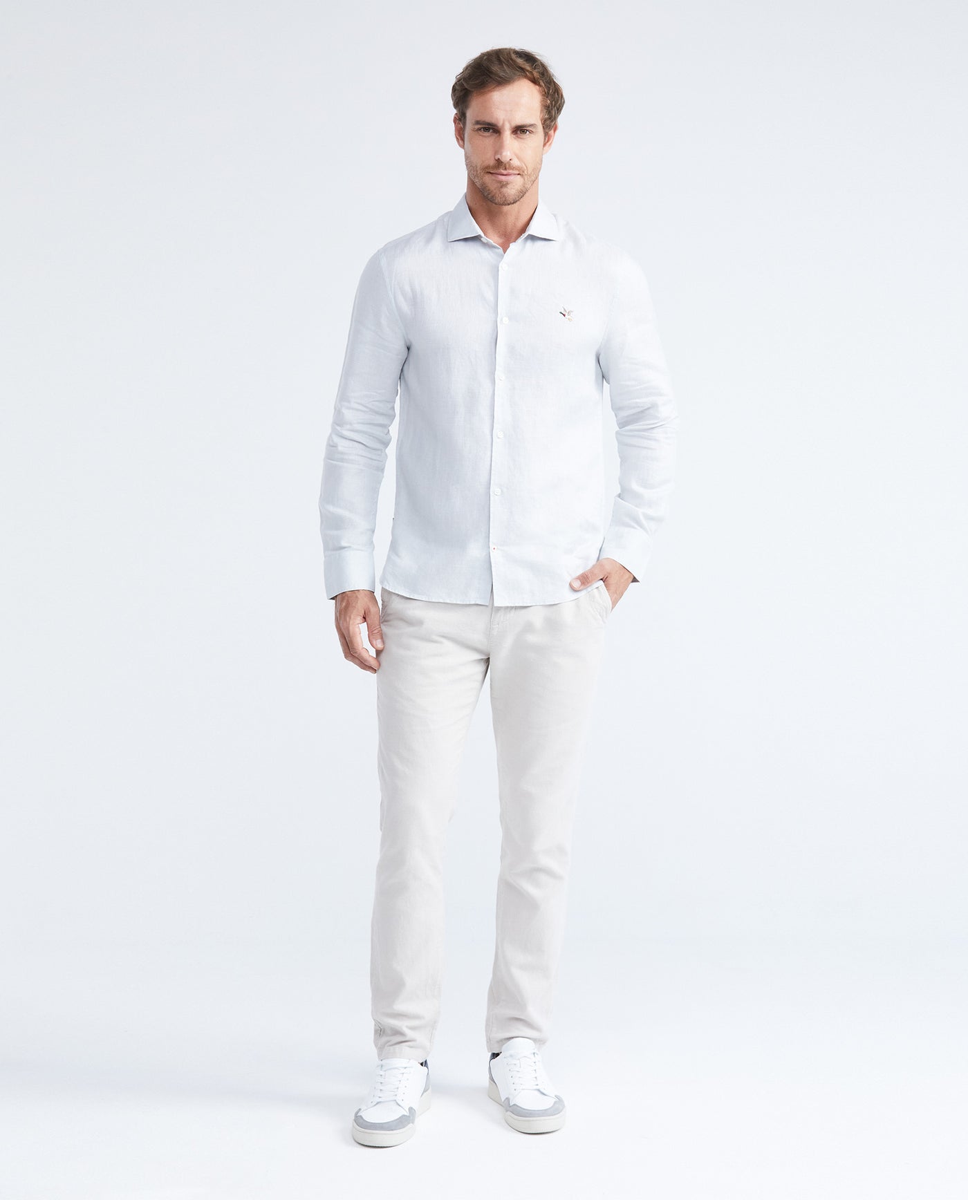 Men's Slim Fit Long Sleeve Linen Shirt Color Duck Natural Buttons - 2