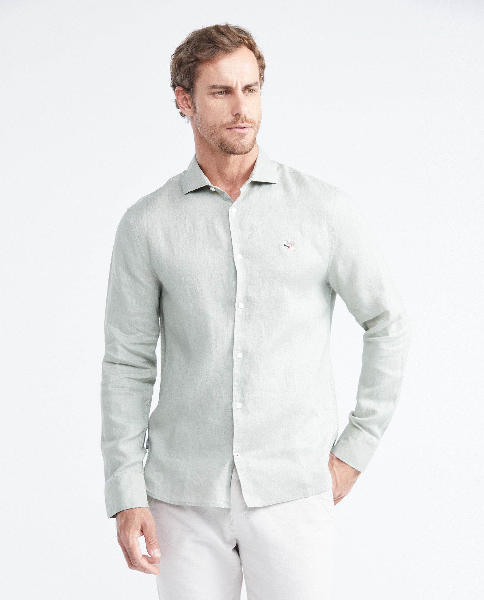 Men's Slim Fit Long Sleeve Linen Shirt Color Duck Natural Buttons - 1