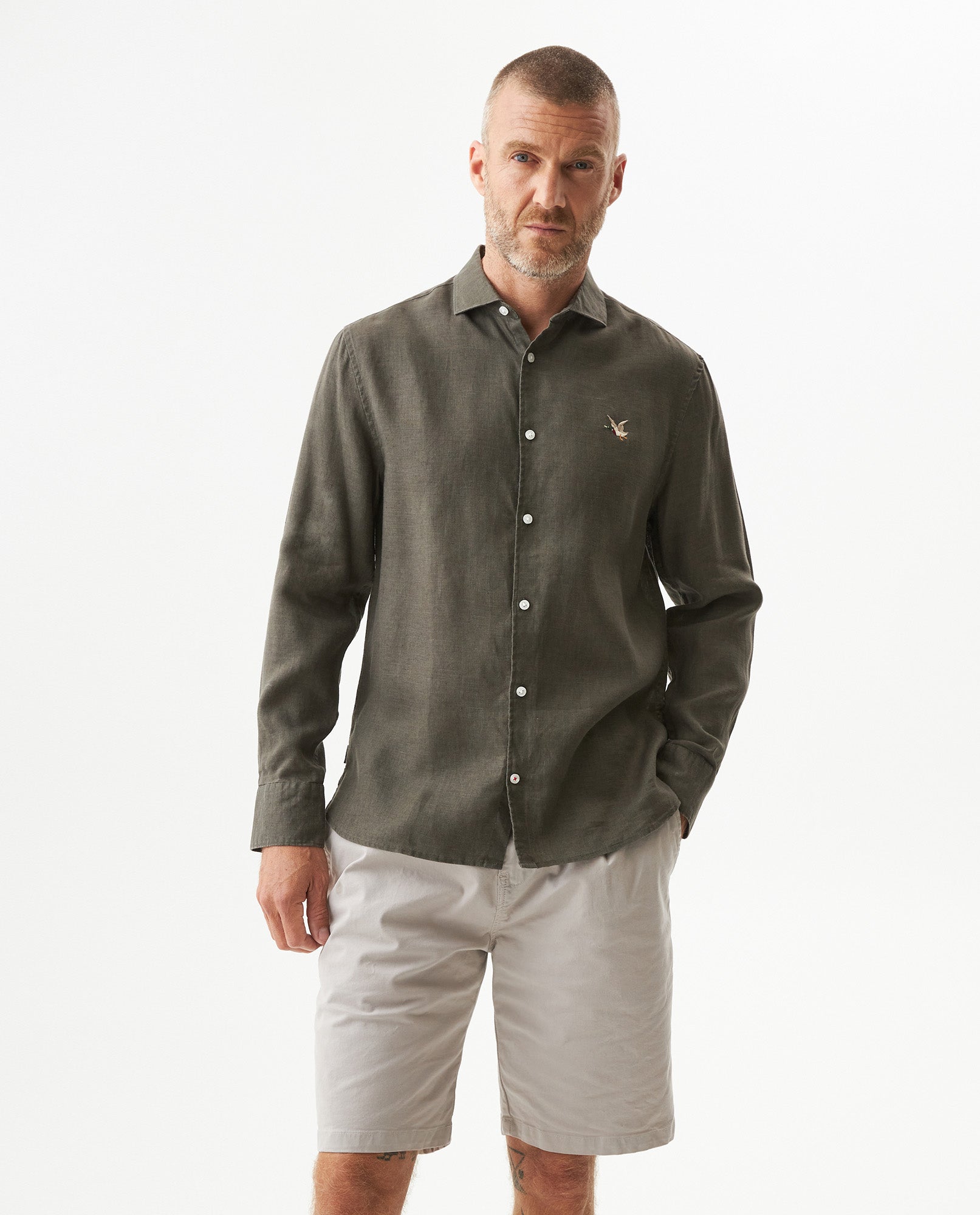 Men's Shirt: Long Sleeve 100% Linen Male - Green 617G204 - 1