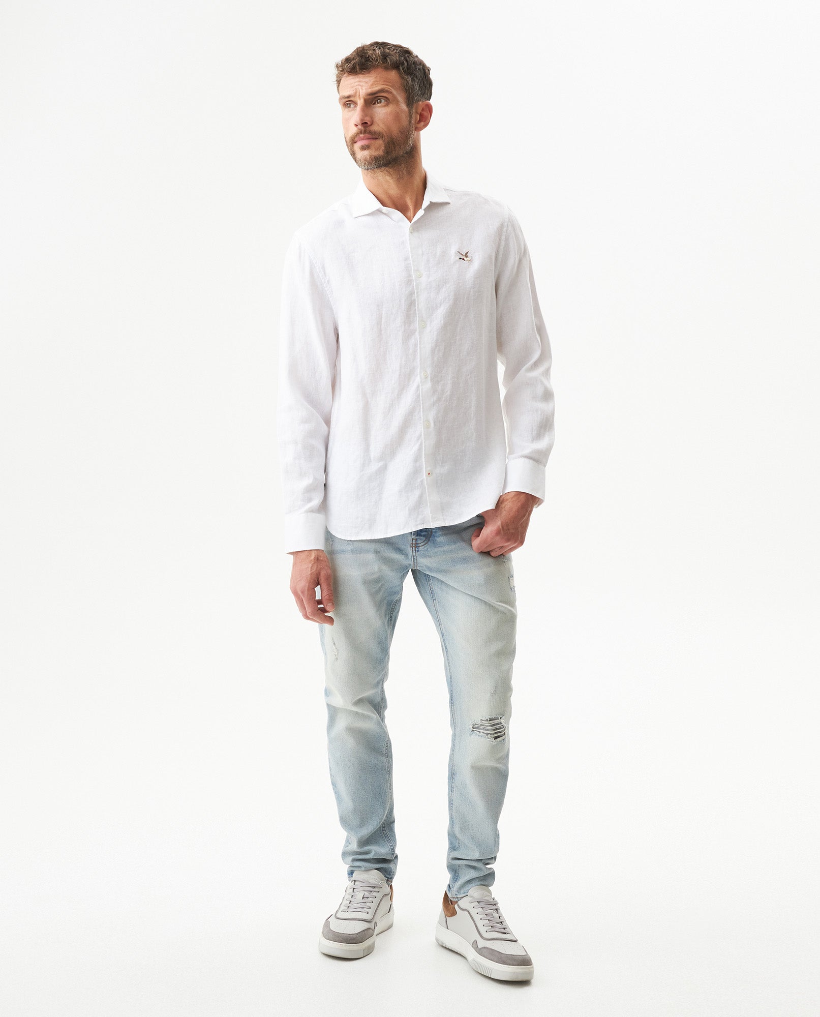 Men's Long Sleeve Linen Shirt - White - 3