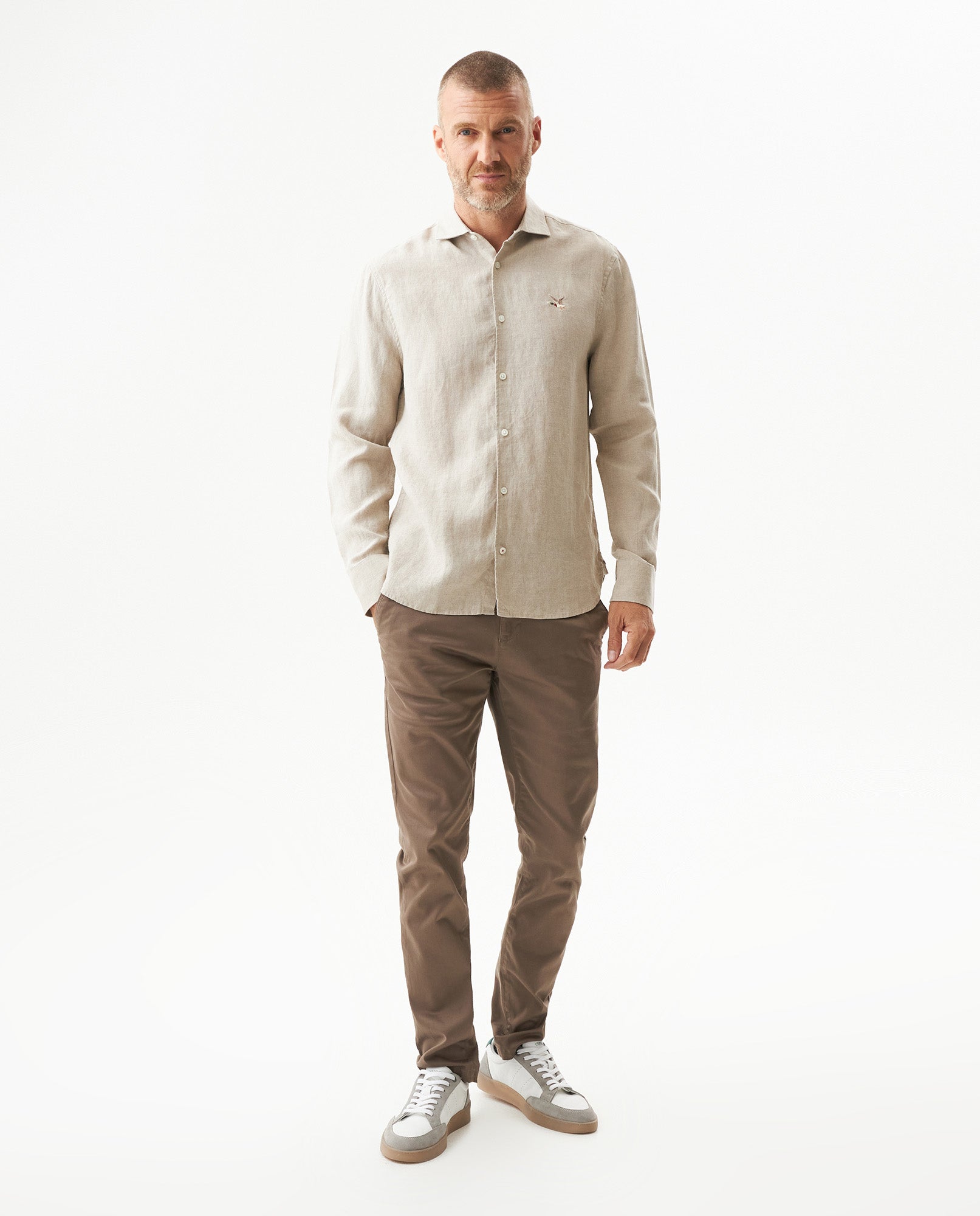 Men's Long Sleeve Linen Shirt - Khaki - 3