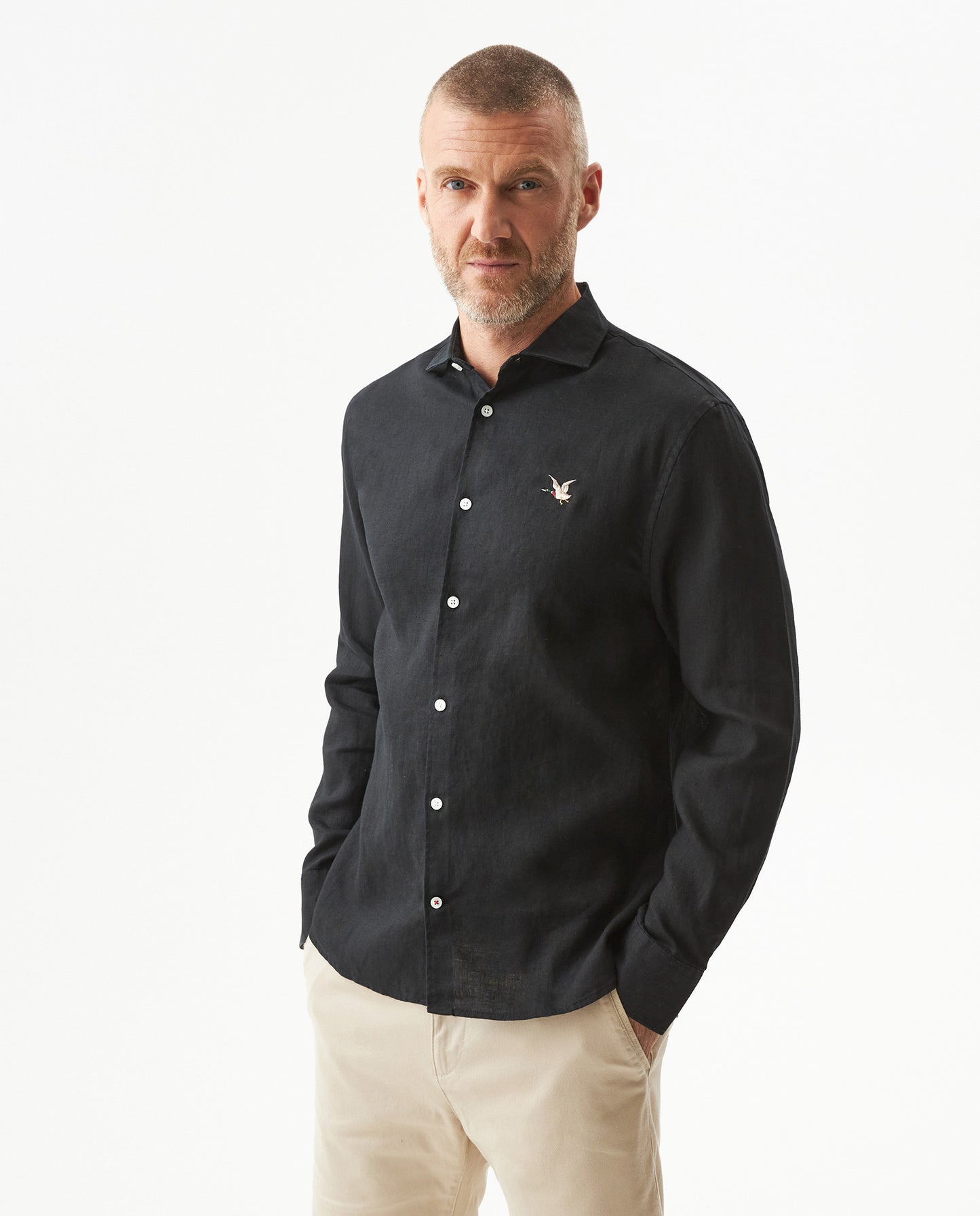 Men's Long Sleeve Linen Shirt - Black - 2