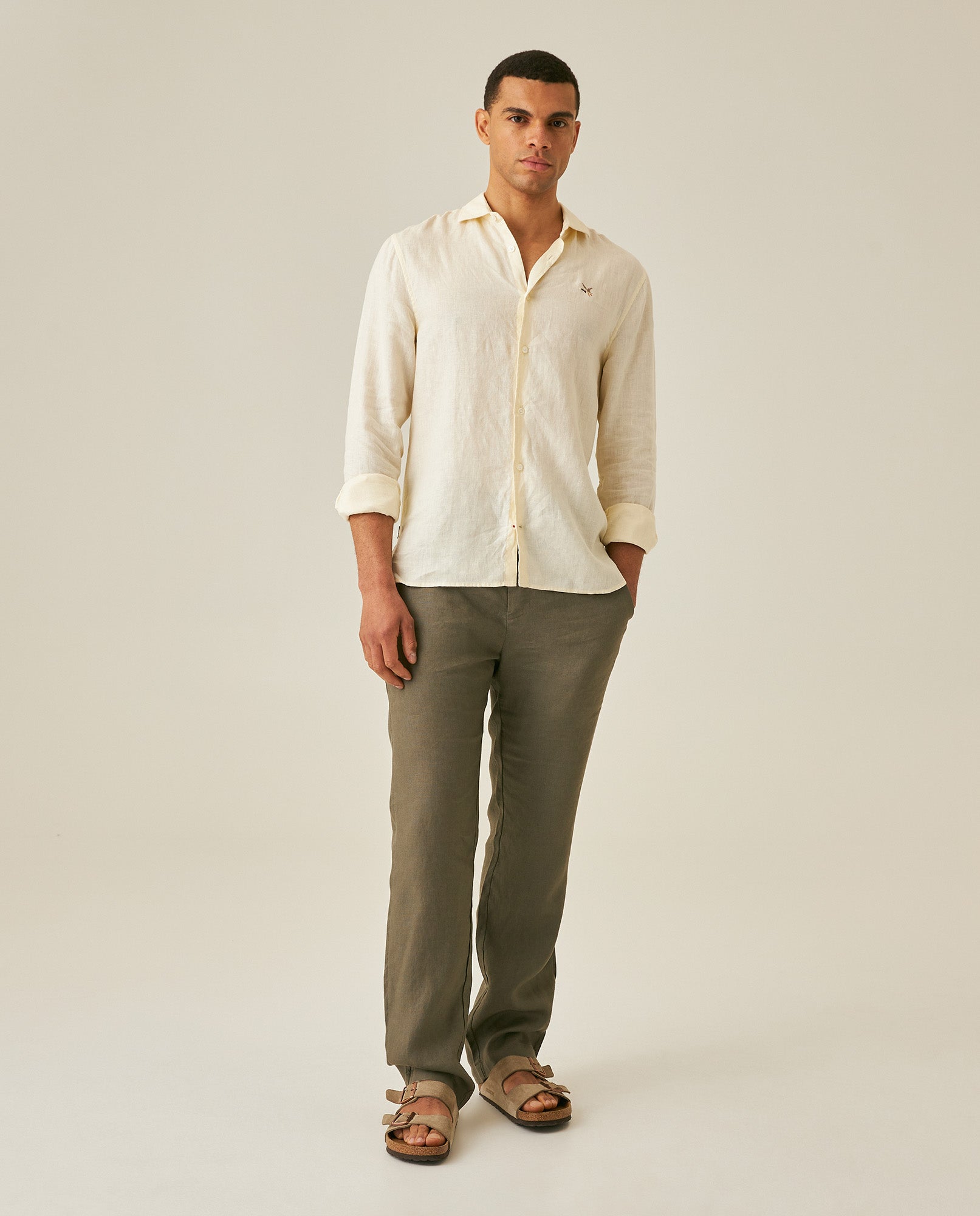 Mens Regular Fit Linen Embroidered Shirt - Yellow 63_617H204_AMA120710_4