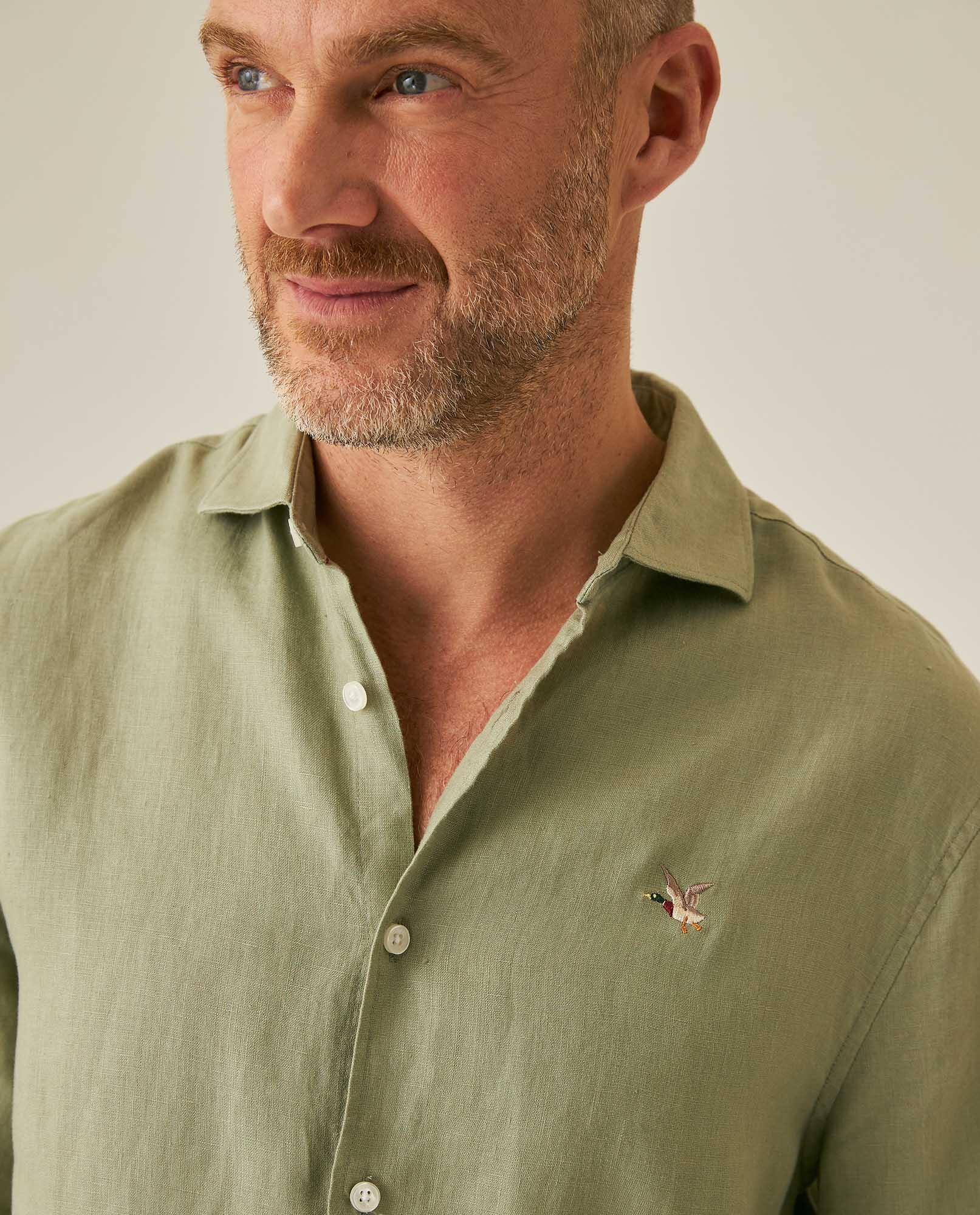 Mens Regular Fit Linen Embroidered Shirt - Green 63_617H204_VER140232_5