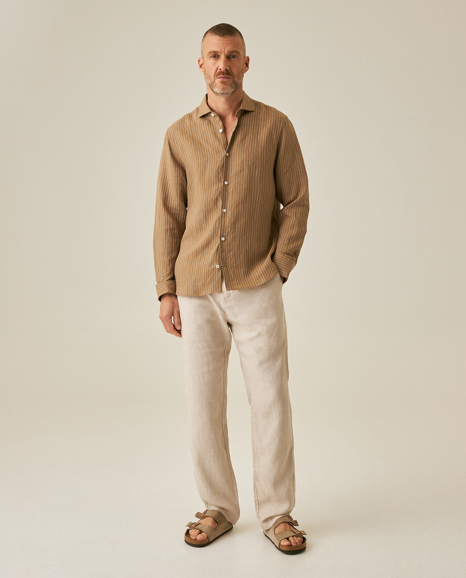 Mens Striped Linen Shirt - Brown 63_617H206_CAF171143_4